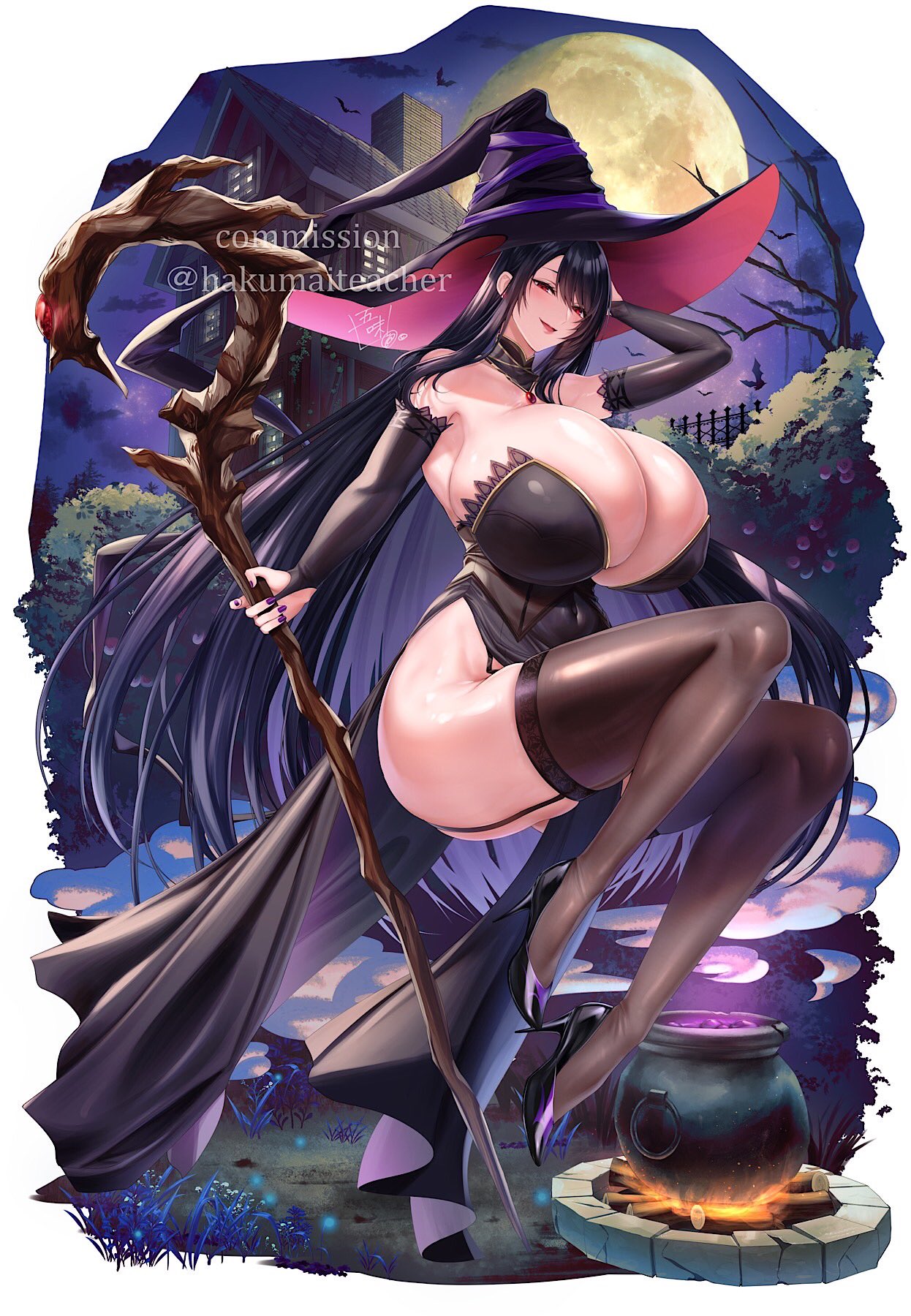 1girl arm_behind_head bare_tree bat_(animal) black_bridal_gauntlets black_collar black_dress black_footwear black_headwear breasts bridal_gauntlets building cauldron cleavage cloud collar commission copyright_request covered_navel detached_collar dress fire floating gigantic_breasts gomi_(hakumaiteacher) hat hat_ribbon high_heels highres holding holding_staff moon night night_sky parted_lips pelvic_curtain plant purple_nails purple_ribbon red_brooch red_eyes ribbon side_slit signature skeb_commission sky staff thighhighs thighs tree twitter_username witch_hat
