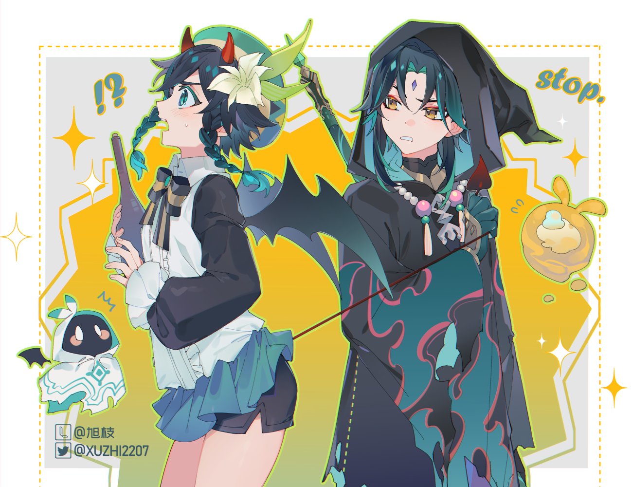 !? 2boys alternate_costume aqua_eyes aqua_hair aqua_skirt barbatos_(genshin_impact) bat_wings beret black_cloak black_hair black_shorts bottle bow bowtie braid cloak cowboy_shot demon_horns facial_mark flower forehead_mark frilled_shirt frills from_side genshin_impact gloves gradient_hair green_gloves green_headwear hair_flower hair_ornament halloween_costume hat high_collar holding holding_bottle hood hooded_cloak horns jewelry lofter_username male_focus microskirt multicolored_hair multiple_boys necklace open_mouth pearl_necklace pulling_tail red_horns shirt short_shorts shorts simple_background skirt sweatdrop twin_braids twitter_username two-tone_hair venti_(genshin_impact) white_flower white_shirt wine_bottle wings xiao_(genshin_impact) xuzhi2204