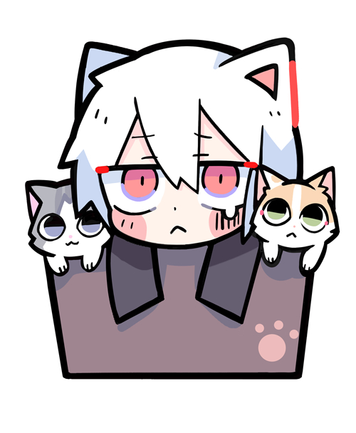 1boy :&lt; animal_ears black_shirt black_sleeves blush_stickers cat cat_ears check_copyright closed_mouth commentary_request copyright_request frown in_pocket long_sleeves looking_at_viewer male_focus original paw_print pink_eyes pocket shirt short_hair simple_background sleeves_past_wrists solo tearing_up terada_tera upper_body white_background white_hair