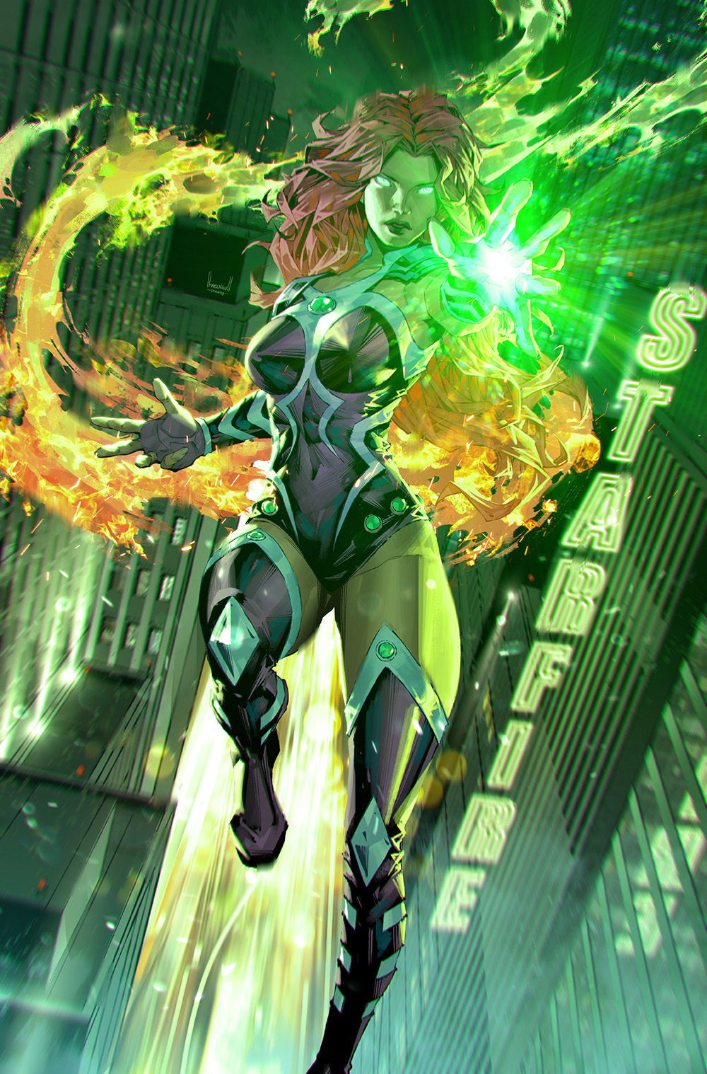 1girl breasts city colored_skin comic_cover cover_image dc_comics fire flying glowing glowing_eyes glowing_hand green_eyes highres kael_ngu leotard long_hair medium_breasts official_art open_hand orange_skin parted_lips purple_leotard purple_thighhighs red_hair solo starfire teen_titans thighhighs v-shaped_eyebrows very_long_hair