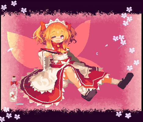 1girl black_footwear blonde_hair bow dress drink fairy fairy_wings flower hair_bow headdress lowres one_eye_closed open_mouth petals pink_background pink_eyes pixel_art shirt sitting socks solo sunny_milk tea_basira teeth touhou upper_teeth_only white_socks wide_sleeves wings