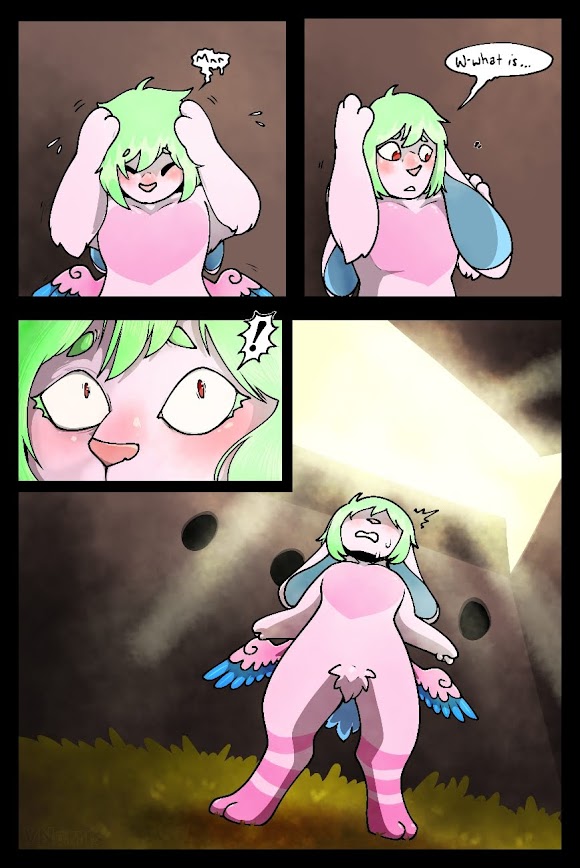 blue_body blue_feathers blush cel_shading comic_panel confusion feathers fur green_hair hair heart_(marking) humanoid intersex lagomorph leporid maleherm mammal markings panicking paws pink_body pink_fur pink_nose puppetmaster13uwu rabbit rabbit_ears red_eyes scut_tail shaded short_tail skvader speech_bubble spread_wings striped_markings stripes tail wings