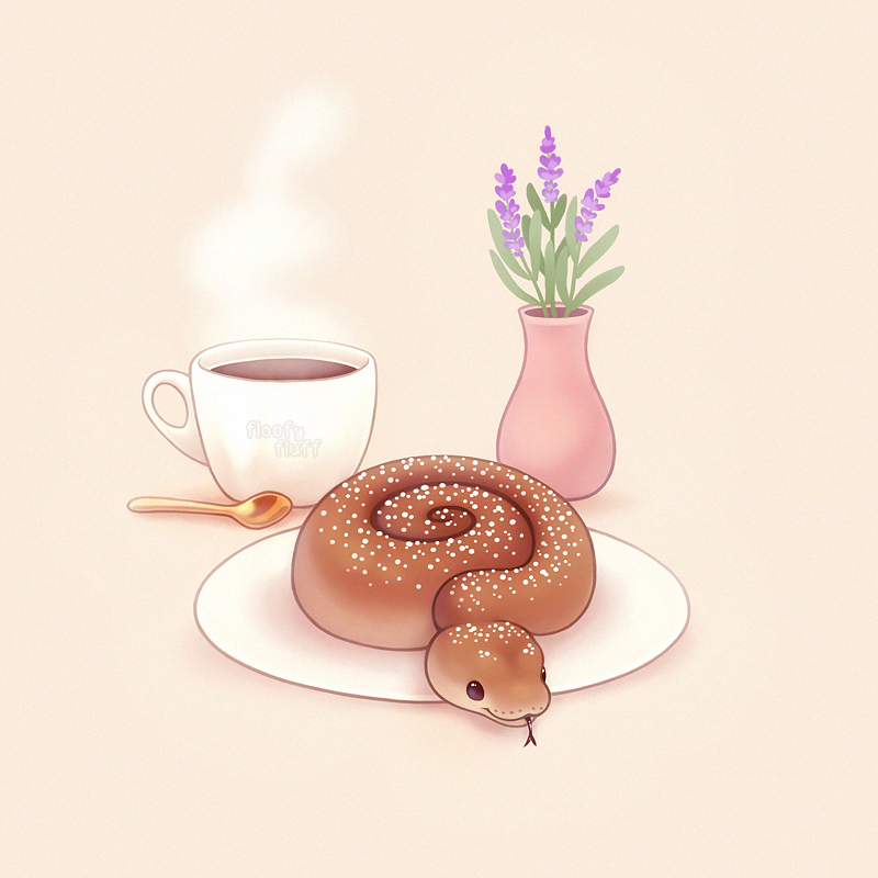 artist_name brown_background cinnamon_roll coffee coffee_cup commentary cup disposable_cup english_commentary flower foodification ida_(floofyfluff) no_humans original plant plate potted_plant purple_flower snake spoon