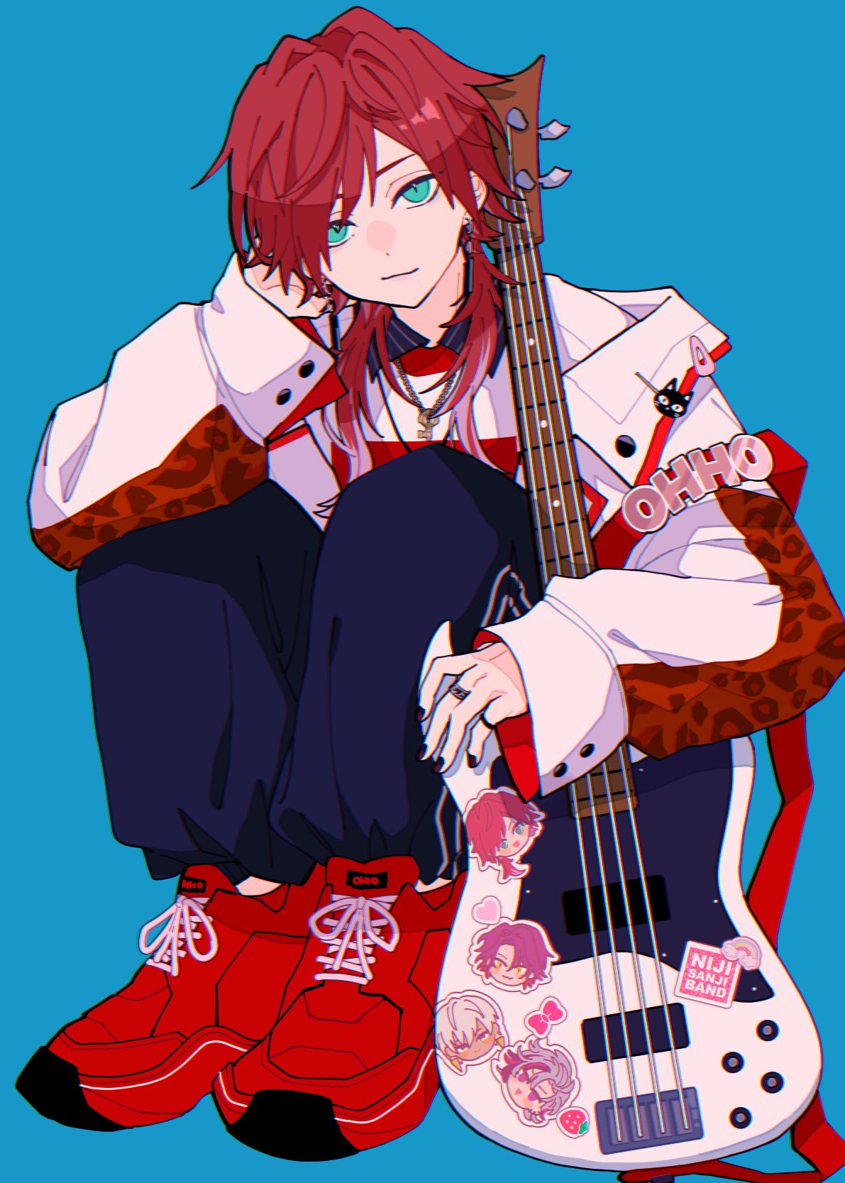1boy adjusting_hair aqua_eyes bass_guitar black_nails blue_background blue_pants closed_mouth full_body hand_up highres instrument jacket jewelry key key_necklace knees_up lauren_iroas long_hair looking_at_viewer multicolored_clothes multicolored_jacket multicolored_shirt multiple_rings nasi_w2 necklace nijisanji open_clothes open_jacket pants red_footwear red_hair red_jacket red_shirt ring shirt shirt_under_shirt shoes simple_background sitting smile sneakers solo sticker white_jacket white_shirt