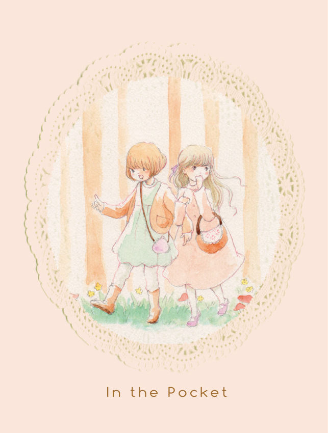 2girls :d bag bob_cut boots brown_footwear brown_hair bug butterfly dress english_text flower full_body grass hair_ribbon jacket kurita_eriko long_hair long_sleeves mary_janes multiple_girls mushroom open_mouth original painting_(medium) pants pink_dress pink_footwear purple_footwear ribbon round_image shoes short_hair shoulder_bag smile traditional_media walking watercolor_(medium)