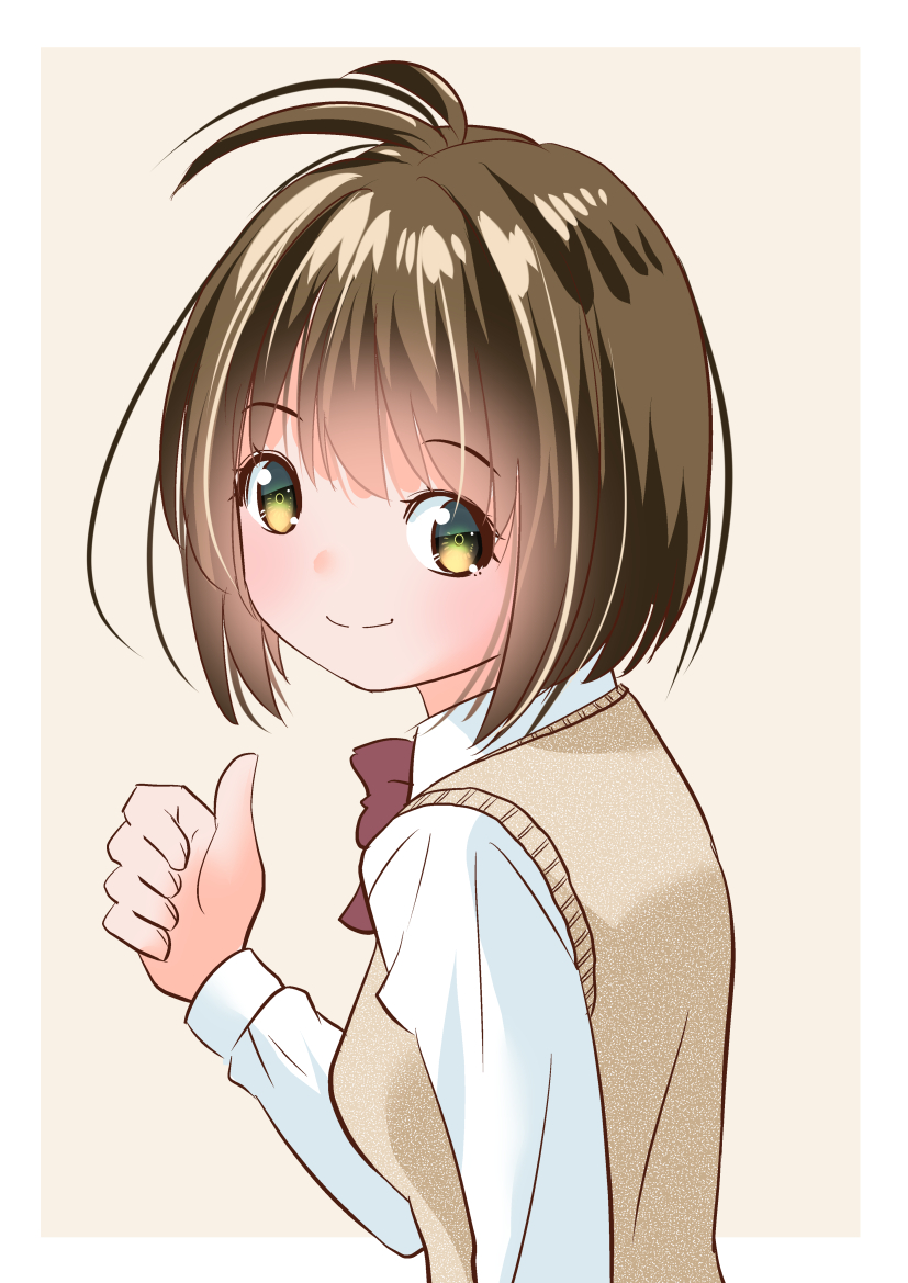 1girl bow bowtie collared_shirt from_behind light_brown_background light_brown_hair looking_at_viewer looking_back original red_bow school_uniform shirt short_hair smile thumbs_up upper_body white_shirt yamanaka_kouji_(yanchiki2001)