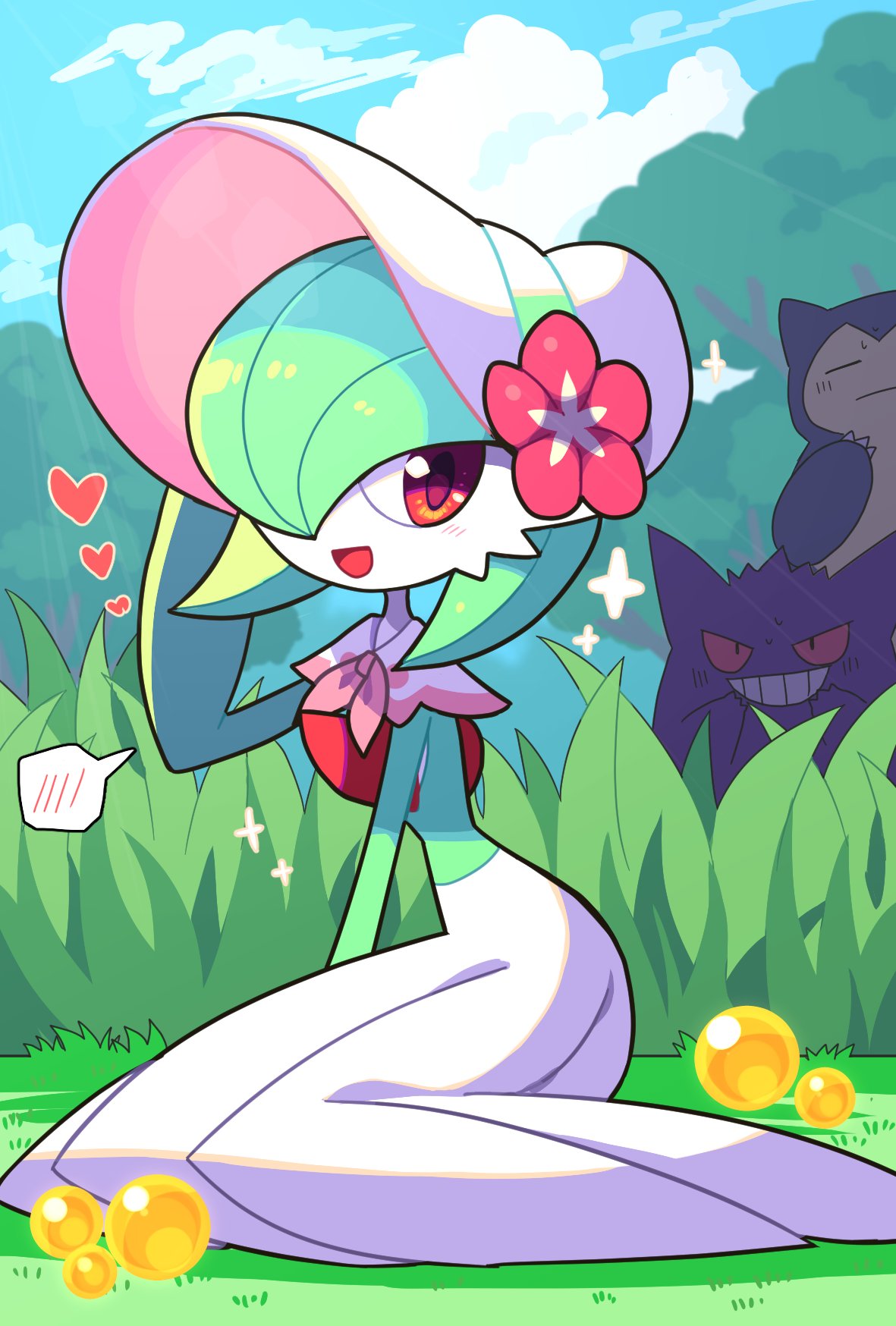 blue_sky cloud colored_skin dress flower gardevoir gardevoir_(fashionable) gengar grass green_hair hair_over_one_eye hand_on_headwear hat hat_flower heart highres looking_at_viewer multicolored_skin on_floor open_mouth pink_eyes pokemon pokemon_(creature) pokemon_unite sitting sky smile snorlax tanpopo_hayabusa-maru two-tone_skin white_dress white_headwear