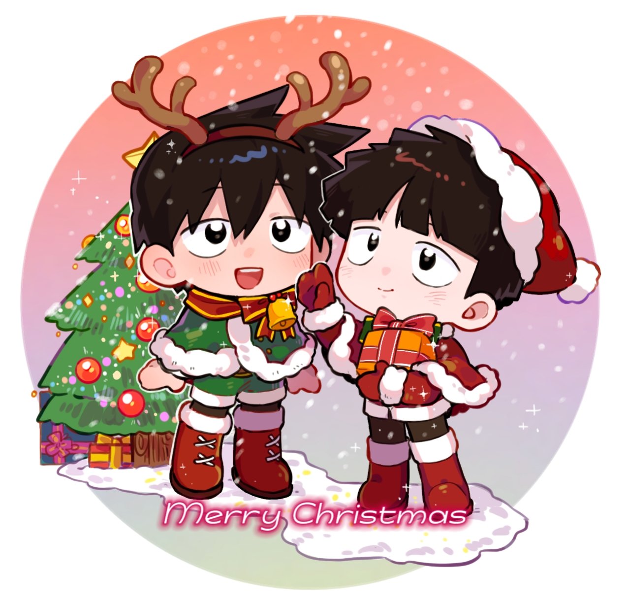 2boys black_eyes black_hair boots box brothers chibi christmas christmas_ornaments christmas_tree closed_mouth commentary english_text fake_antlers full_body gift gift_box green_santa_costume hat highres holding holding_gift kageyama_ritsu kageyama_shigeo long_sleeves male_focus merry_christmas mob_psycho_100 multiple_boys open_mouth pori_io red_footwear santa_costume santa_hat short_hair siblings simple_background smile standing symbol-only_commentary white_background