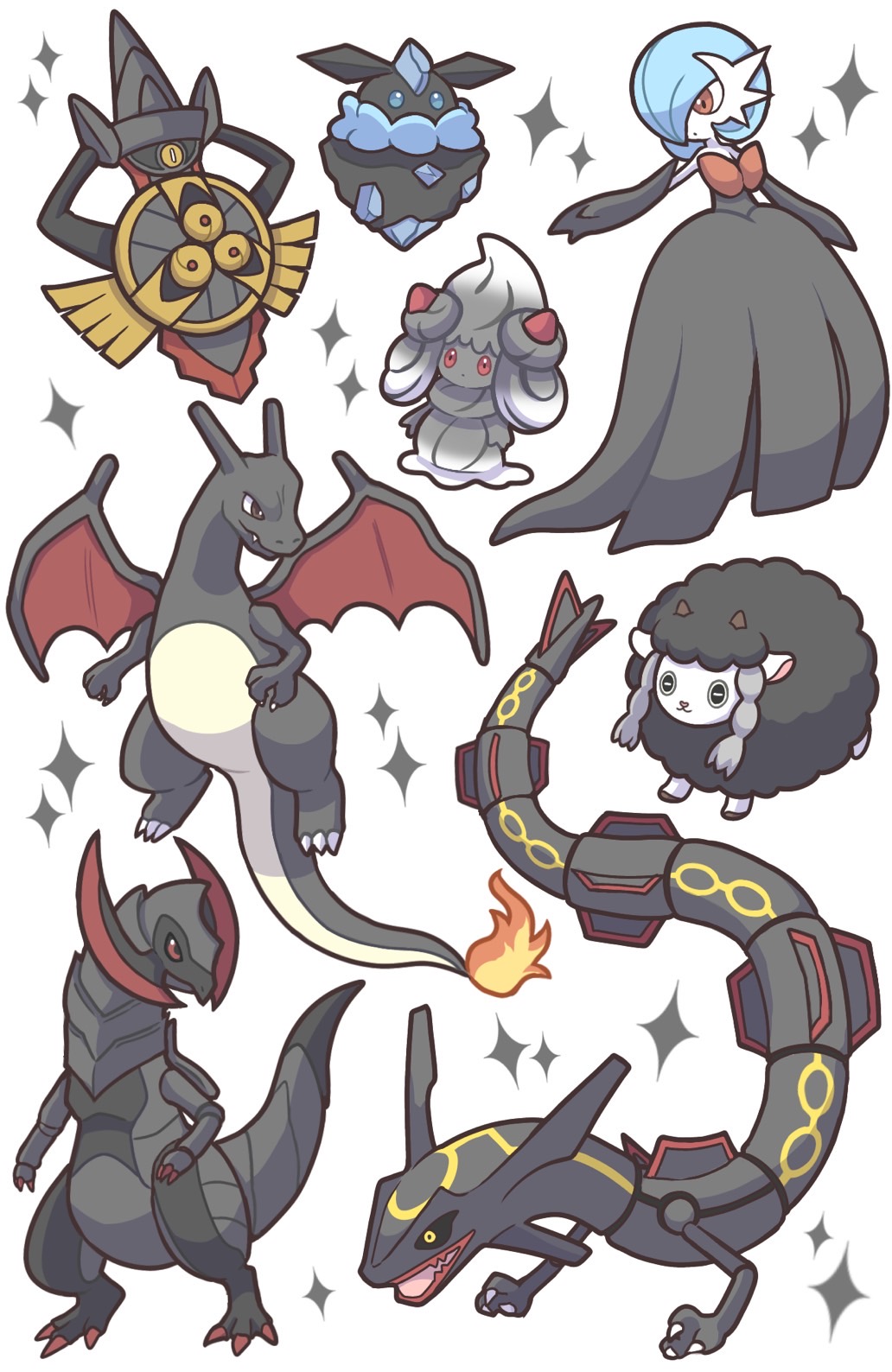 aegislash alcremie alcremie_(strawberry_sweet) alternate_color black_dress black_gloves blue_hair bob_cut carbink charizard dragon dress elbow_gloves gardevoir gloves h_k225 haxorus highres mega_gardevoir orange_eyes pokemon pokemon_(creature) rayquaza red_eyes shield shiny_pokemon simple_background sparkle sword weapon white_background wooloo yellow_eyes