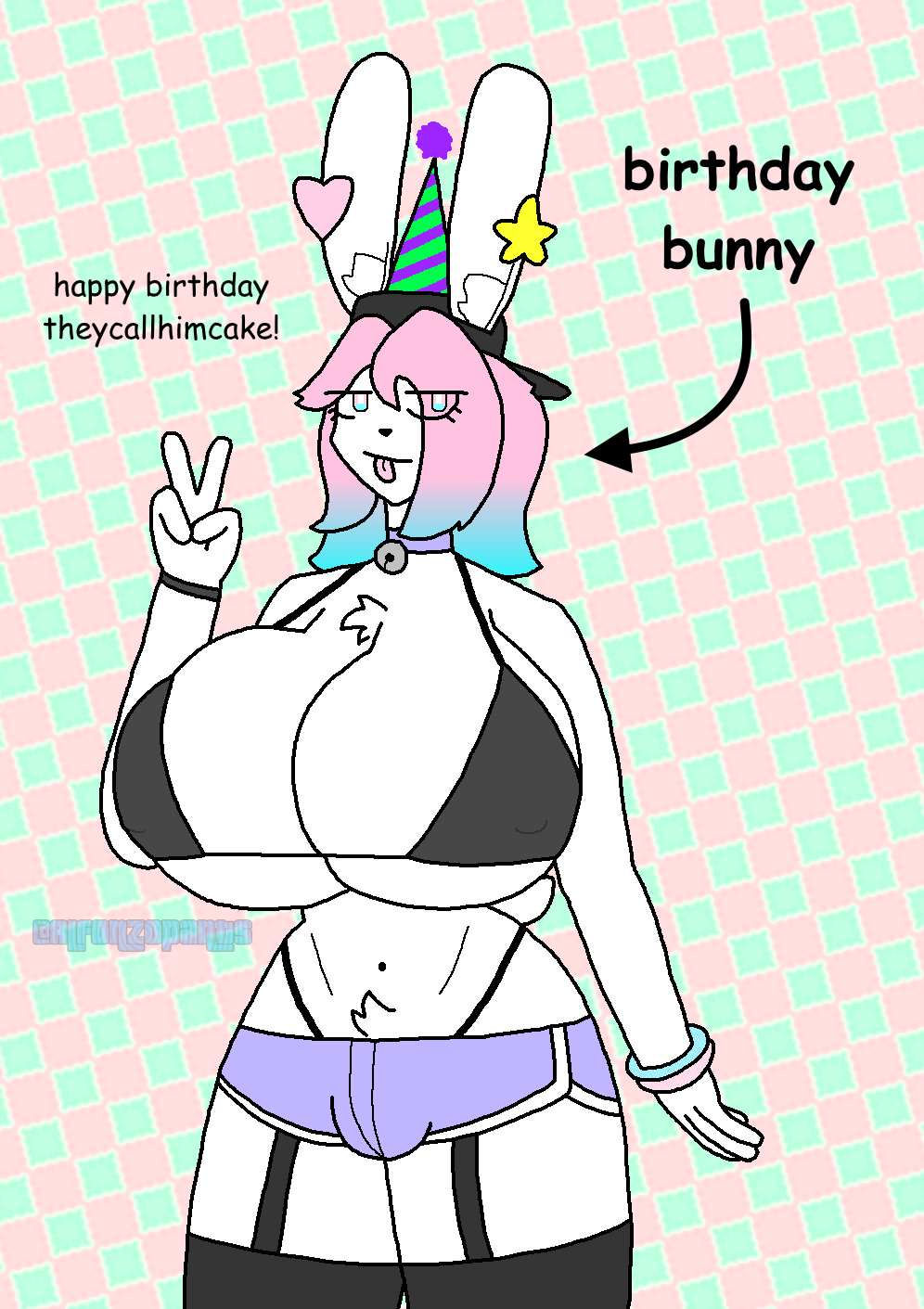 alfonzo_poopypants anthro backwards_hat bell bell_collar big_breasts bikini bikini_top birthday blep bottomwear bracelet breasts bulge checkered_background chest_tuft clothing collar crotch_tuft eyelashes garter_straps gesture gynomorph hair hand_gesture hat hat_on_hat headgear headwear hi_res hotpants huge_breasts inner_ear_fluff intersex jewelry lagomorph legwear leporid male male_(lore) mammal multicolored_eyes multicolored_hair nipple_outline party_hat pattern_background pb_(theycallhimcake) rabbit shorts simple_background solo swimwear thigh_highs tongue tongue_out tuft two_tone_eyes two_tone_hair v_sign watermark white_body