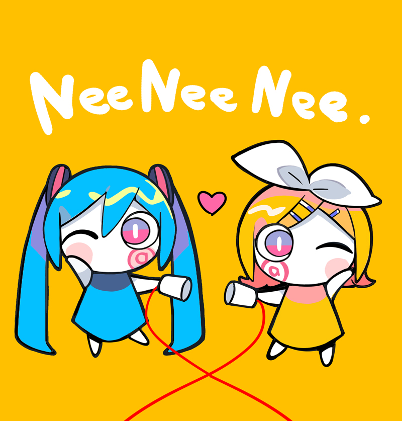 2girls aimaina bare_arms bare_legs blonde_hair blue_dress blue_hair bow bright_pupils chibi cup dress hair_bow hair_ornament hairclip hand_on_own_cheek hand_on_own_face hatsune_miku heart holding holding_cup kagamine_rin long_hair looking_at_viewer marking_on_cheek medium_hair multiple_girls nee_nee_nee._(vocaloid) one_eye_closed pale_skin pink_eyes romaji_text short_dress simple_background sleeveless sleeveless_dress slit_pupils song_name string string_of_fate string_phone terada_tera twintails very_long_hair vocaloid white_bow white_pupils yellow_background yellow_dress