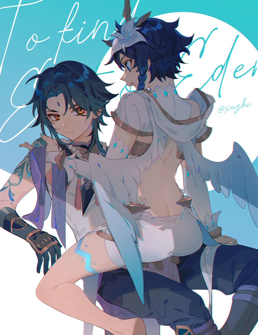 2boys angel_wings arm_tattoo bare_legs black_gloves black_hair black_pants blue_eyes blue_hair boots braid closed_mouth couple eye_contact facial_mark feathered_wings flower forehead_mark genshin_impact gloves green_hair hair_flower hair_ornament hand_on_another's_thigh hand_up jewelry knee_boots leg_tattoo looking_at_another multicolored_hair multiple_boys necklace open_mouth orange_eyes pants pearl_necklace shirt short_shorts shorts shoulder_tattoo sitting sitting_on_lap sitting_on_person tattoo twin_braids two-tone_hair venti_(archon)_(genshin_impact) venti_(genshin_impact) white_shirt white_shorts white_shrug white_wings wings xuzhi2204 yaoi zhongli_(genshin_impact)