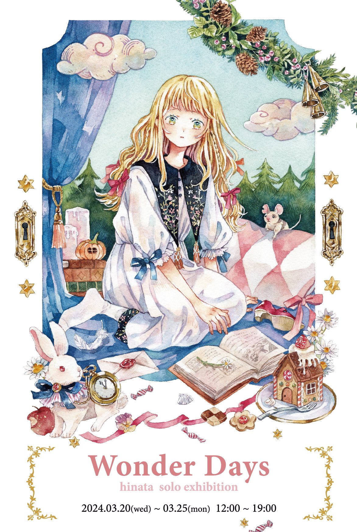1girl artist_name blonde_hair blue_bow book bow braid cake candle candy checkerboard_cookie cloud cookie cup curtains daisy dated dress english_text envelope flower food fork fruit full_body gingerbread_house green_eyes hair_bow hair_ribbon highres hntaa key long_hair looking_at_viewer mouse open_book original painting_(medium) pillow pine_tree pink_ribbon plant pocket_watch poster_(medium) puffy_sleeves pumpkin rabbit red_bow red_ribbon ribbon shoes short_sleeves sitting sky socks solo star_(symbol) traditional_media tree twin_braids unworn_shoes watch watercolor_(medium) wax_seal white_dress white_socks wrapped_candy