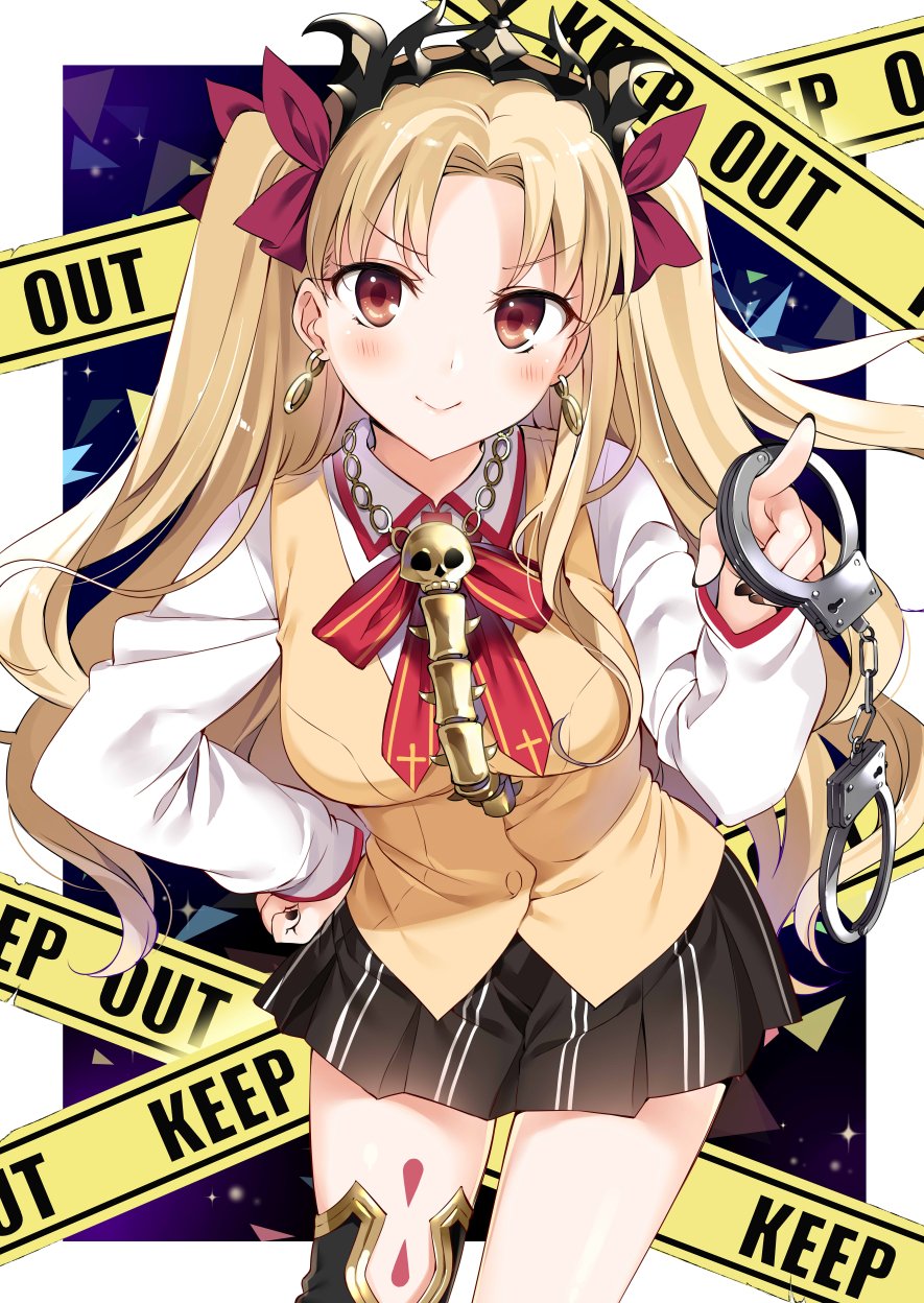 1girl alternate_costume black_skirt blonde_hair blush border breasts brown_eyes caution_tape closed_mouth contrapposto cowboy_shot cuffs curtained_hair earrings ereshkigal_(fate) fate/grand_order fate_(series) hair_ribbon hanabana_tsubomi handcuffs highres holding holding_handcuffs homurahara_academy_school_uniform jewelry keep_out long_hair long_sleeves looking_at_viewer medium_breasts necklace purple_ribbon ribbon school_uniform single_thighhigh skirt smile solo thighhighs tiara two_side_up white_border