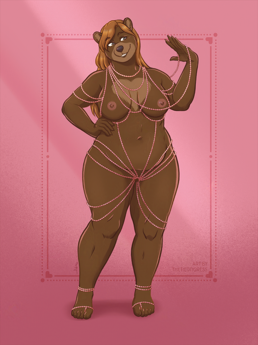 anthro bear big_breasts breasts brown_body brown_fur female front_view fur gem hi_res jewelry lauren_de_la_vojeto mammal muffin_top nipples nude orange_body orange_fur pearl_(gem) slightly_chubby smile solo standing thetiedtigress