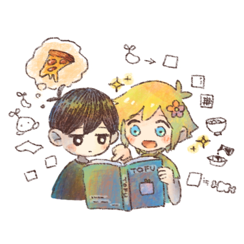 2boys basil_(faraway)_(omori) basil_(omori) black_eyes black_hair blonde_hair blue_eyes blush book closed_mouth expressionless flower food hair_flower hair_ornament holding holding_book multiple_boys omori open_mouth pizza pizza_slice short_hair simple_background smile sprout_mole sun_iiinu sunny_(omori) thought_bubble white_background