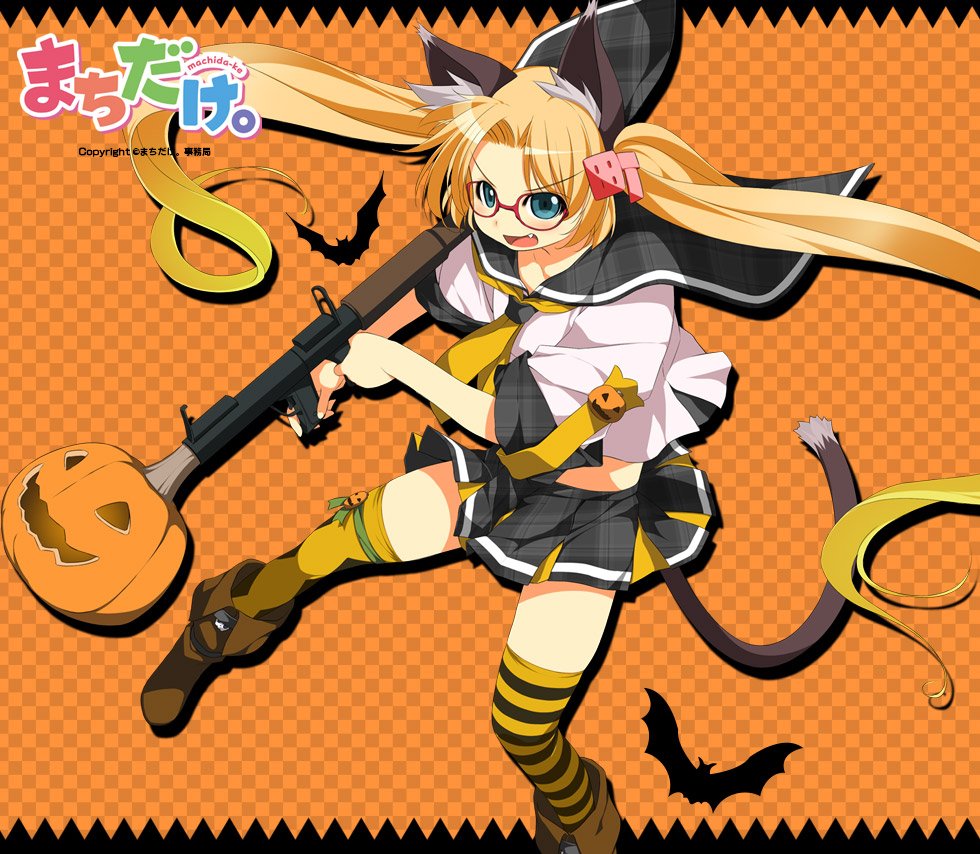 1girl animal_ears atelier-moo bat_(animal) blonde_hair bow breasts cat_ears cat_tail copyright_name curtained_hair full_body glasses green_eyes hair_ornament halloween holding holding_rocket_launcher holding_weapon long_hair machida_madoka machidake open_mouth pumpkin red-framed_eyewear ribbon rocket_launcher school_uniform serafuku skirt small_breasts smile solo standing tail thighhighs thighs twintails weapon yellow_bow zettai_ryouiki