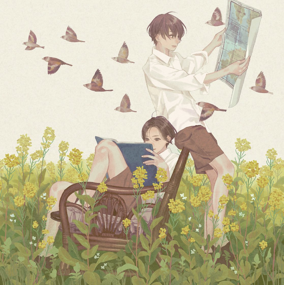 2boys book brown_eyes brown_hair brown_shorts bug butterfly chair collared_shirt field flower holding holding_book holding_map kogaayumi long_sleeves male_focus map multiple_boys open_book open_mouth original outdoors plant reading shirt short_hair shorts sitting smile white_shirt yellow_flower