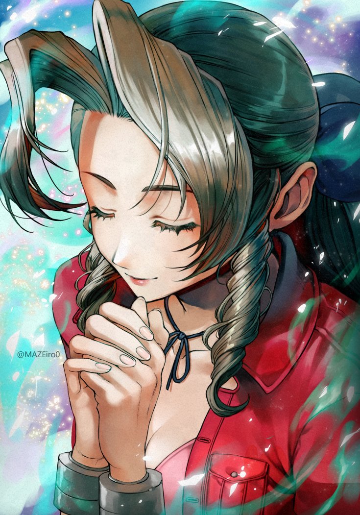 1girl aerith_gainsborough artist_name aura breasts brown_hair cleavage closed_eyes closed_mouth collarbone commentary_request eyelashes final_fantasy final_fantasy_vii final_fantasy_vii_rebirth final_fantasy_vii_remake hair_intakes jacket long_hair maze_draws own_hands_together praying red_jacket smile solo twitter_username upper_body