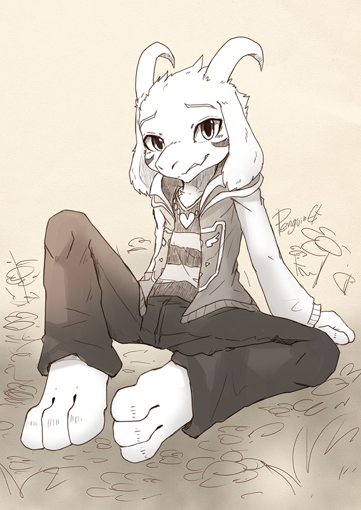 anthro asriel_dreemurr barefoot bottomwear bovid caprine clothed clothing feet floppy_ears front_view full-length_portrait goat horn jacket looking_at_viewer male mammal pants partially_colored penguinexperience portrait signature simple_background sitting solo tan_background topwear undertale undertale_(series)