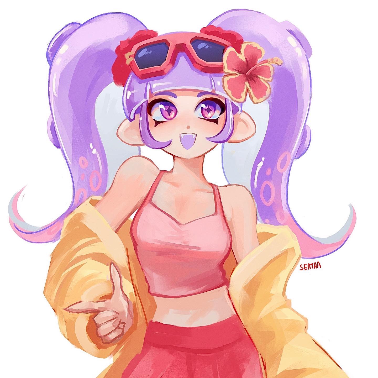1girl :d commission crop_top english_commentary eyewear_on_head flower hair_flower hair_ornament highres jacket long_hair octoling octoling_girl octoling_player_character open_clothes open_jacket open_mouth pink_shirt purple_eyes purple_hair red-framed_eyewear seatha shirt sidelocks simple_background sleeveless sleeveless_shirt smile solo splatoon_(series) standing star-shaped_pupils star_(symbol) sunglasses symbol-shaped_pupils tentacle_hair twintails white_background yellow_jacket