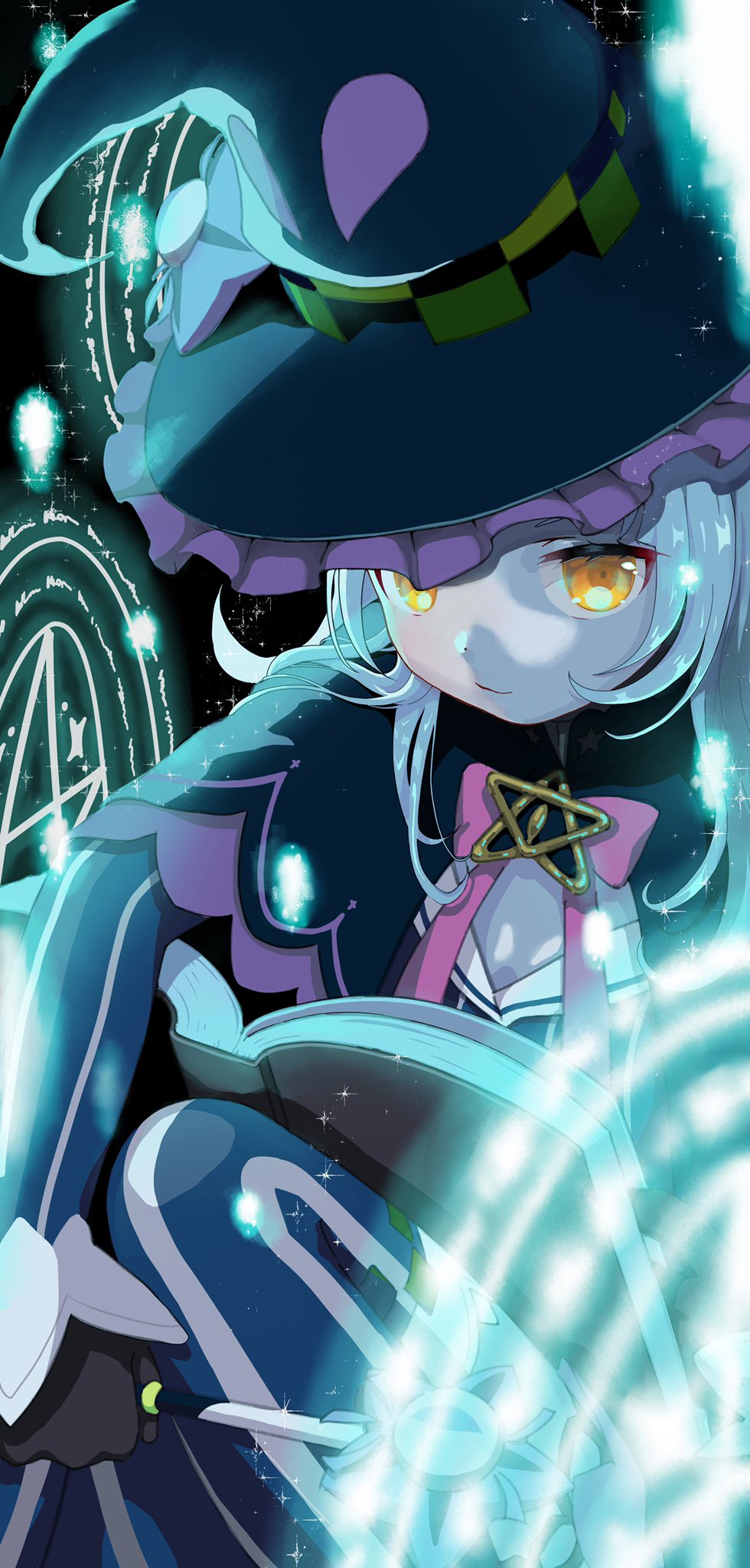1girl black_headwear book closed_mouth dot_nose eyelashes frilled_headwear hat highres holding holding_wand hololive light_particles long_hair looking_at_viewer murasaki_shion open_book orange_eyes pale_skin pentagram solo sparkle uxu_uxa_axa virtual_youtuber wand witch_hat