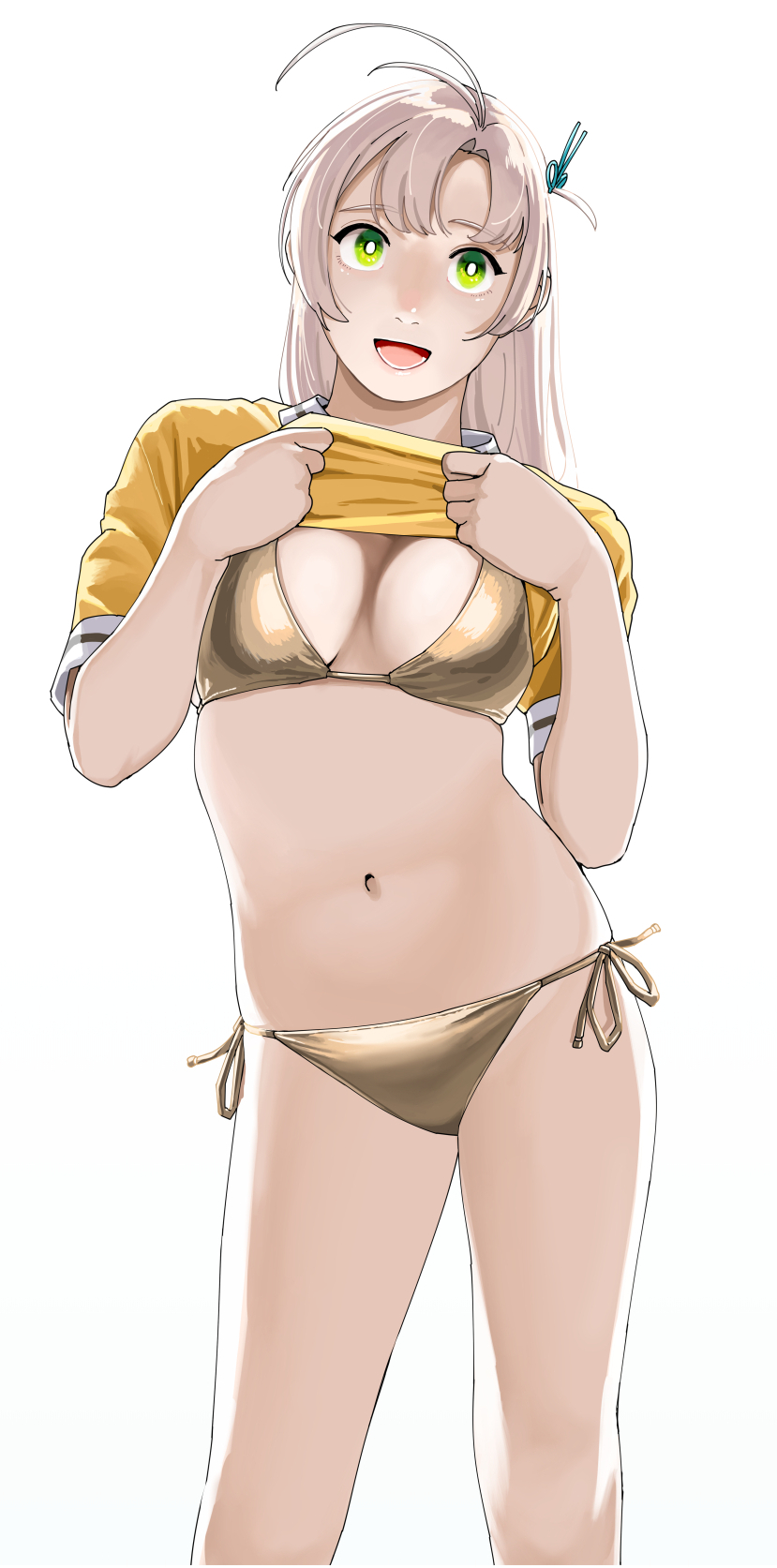1girl antenna_hair bikini breasts clothes_lift gold_bikini green_eyes grey_hair highres kantai_collection kinugasa_(kancolle) lifted_by_self long_hair looking_at_viewer medium_breasts navel ojipon open_mouth shirt shirt_lift short_sleeves simple_background smile solo standing stomach swimsuit white_background yellow_shirt