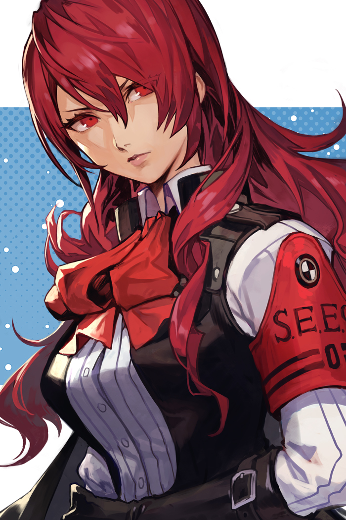 1girl armband black_gloves black_vest breasts close-up collared_shirt eyes_visible_through_hair gloves hair_between_eyes hungry_clicker kirijou_mitsuru large_breasts long_hair looking_at_viewer looking_to_the_side open_clothes open_vest persona persona_3 persona_3_reload red_armband red_eyes red_hair red_ribbon ribbon shirt solo upper_body vest white_shirt