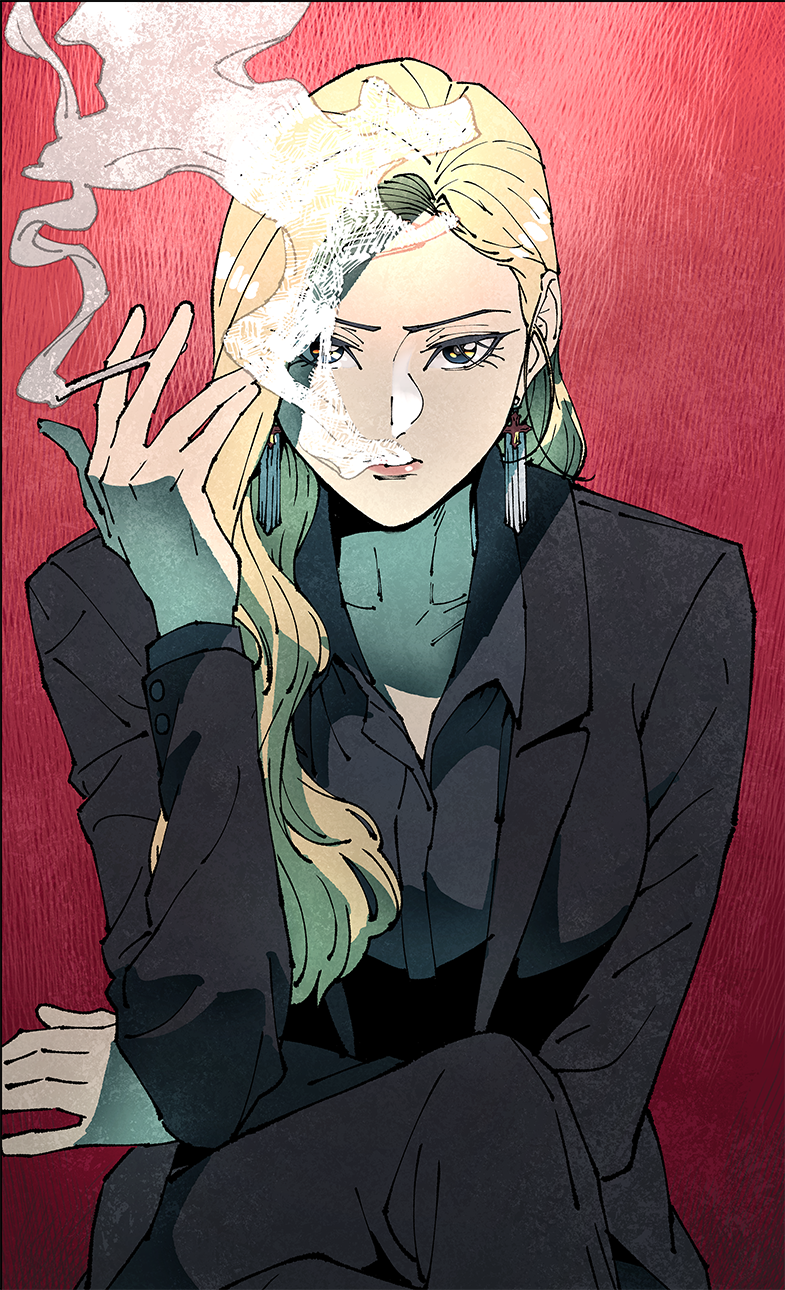 1girl arm_up black_jacket black_shirt blonde_hair blue_eyes business_suit character_request cigarette collared_shirt copyright_request cross cross_earrings earrings formal gado highres holding holding_cigarette jacket jewelry legs_crossed long_hair long_sleeves looking_at_viewer office_lady original red_background shirt sitting smoke smoke_trail smoking suit