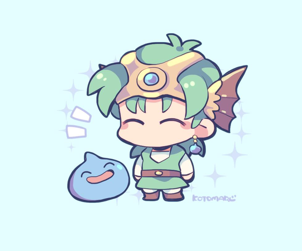 1boy belt blush_stickers brown_belt brown_footwear chibi chibi_only closed_eyes dragon_quest dragon_quest_iv full_body green_background green_hair green_tunic hero_(dq4) kotorai male_focus no_mouth no_nose pants shirt slime_(dragon_quest) sparkle standing white_pants white_shirt