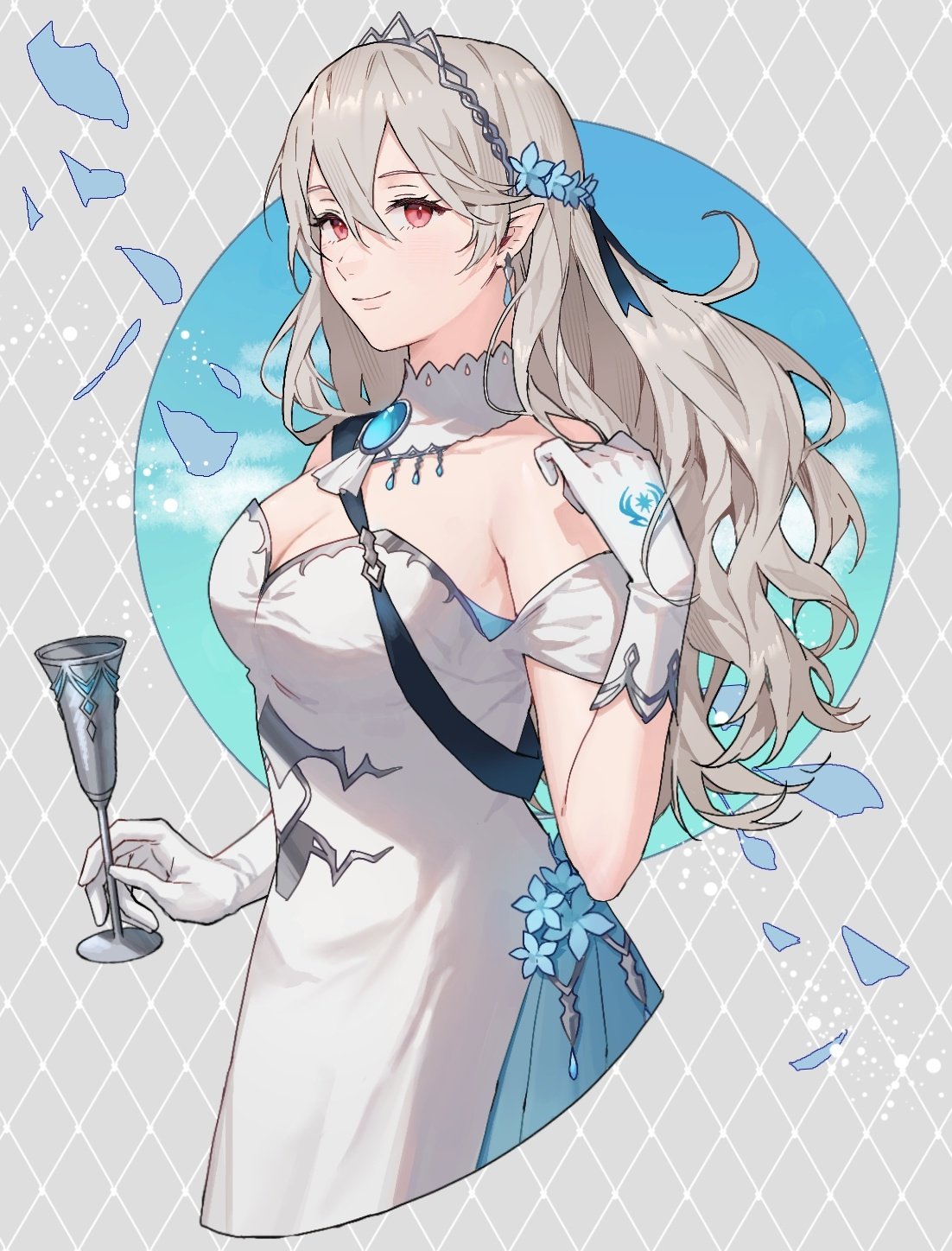 1girl ai_tkkm alternate_costume ascot breasts cleavage corrin_(fire_emblem) dress fire_emblem fire_emblem_fates gem gloves hairband highres long_hair looking_at_viewer petals pointy_ears red_eyes smile solo tiara white_hair