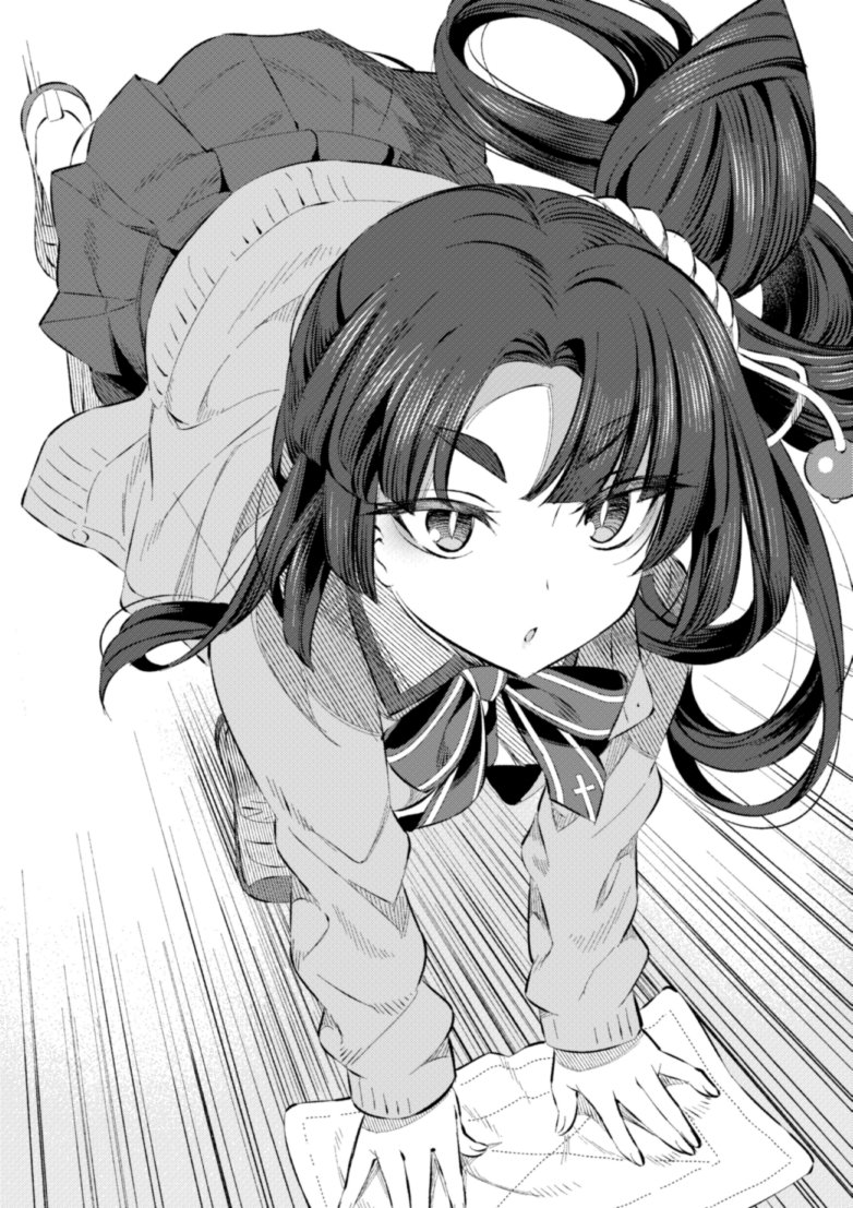 1girl all_fours alternate_costume bow bowtie cardigan cleaning curtained_hair fate/grand_order fate_(series) greyscale hair_ornament hanabana_tsubomi long_hair long_sleeves looking_ahead monochrome parted_lips school_uniform shoes simple_background skirt solo speed_lines towel ushiwakamaru_(fate) uwabaki