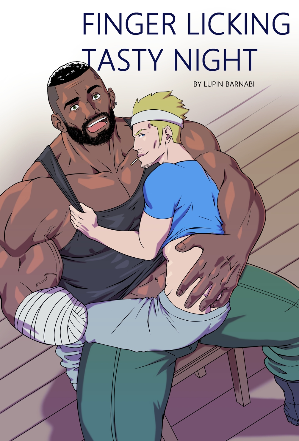 2boys amputee bara barret_wallace beard black_tank_top character_request couple cover cover_page covered_nipples dark-skinned_male dark_skin doujin_cover facial_hair feet_out_of_frame final_fantasy foreplay from_above full_beard gatling_gun goatee_stubble hand_on_another's_ass headband highres huge_pectorals interracial large_hands large_pectorals looking_at_viewer lupin_barnabi male_focus mature_male midriff_peek multiple_boys muscular muscular_male paid_reward_available pants pectoral_cleavage pectorals short_hair sitting sitting_on_lap sitting_on_person size_difference smirk strongman_waist stubble tank_top thick_eyebrows undercut yaoi