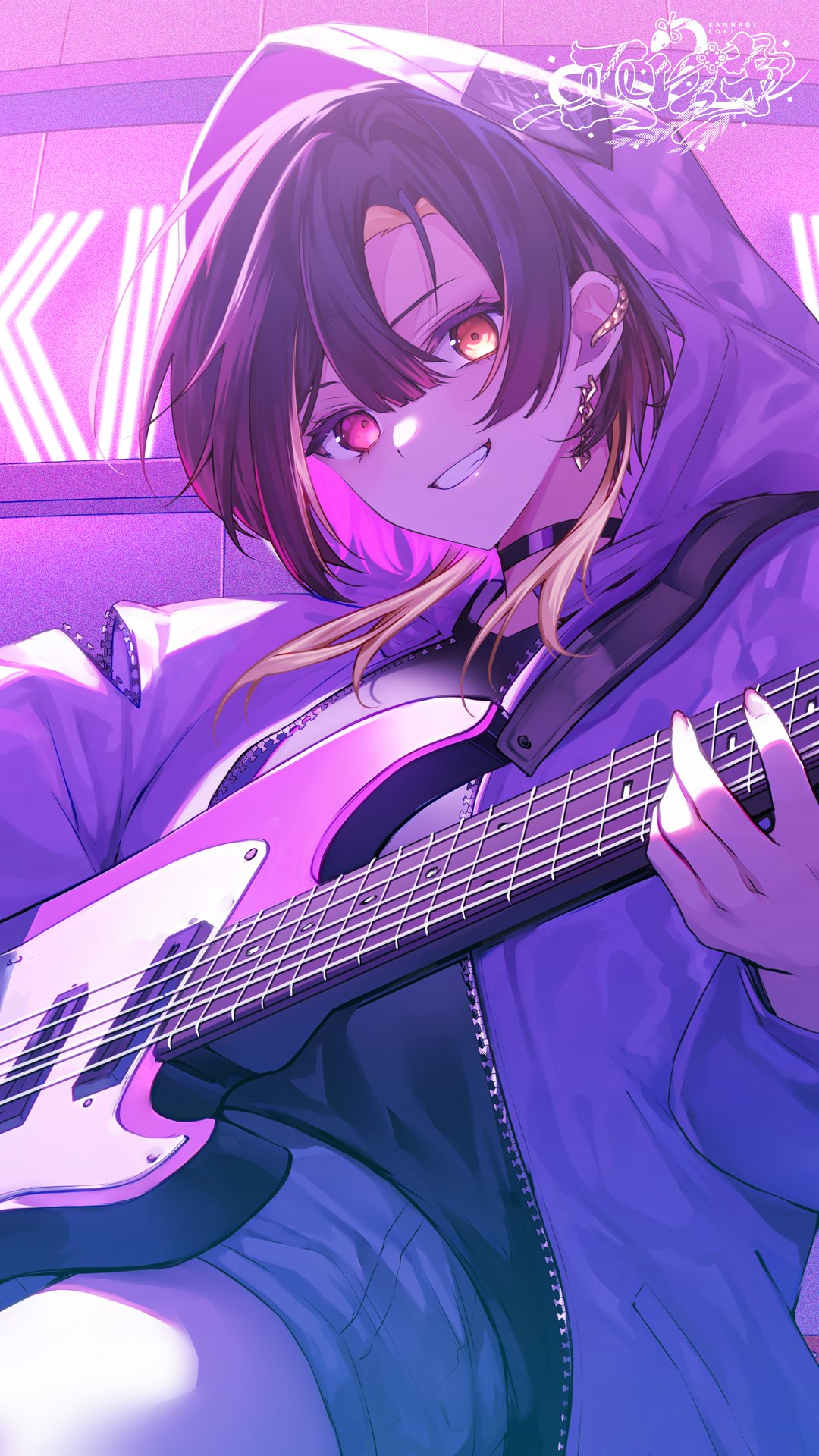 1girl black_choker black_hair black_shirt blonde_hair blue_shorts choker colored_inner_hair ear_piercing electric_guitar guitar heterochromia highres holding holding_instrument hood hooded_jacket instrument jacket kannagi_loki kannagi_loki_(artist) looking_at_viewer multicolored_hair official_art phase_connect piercing red_eyes self-portrait shirt shorts smile two-tone_hair virtual_youtuber yellow_eyes