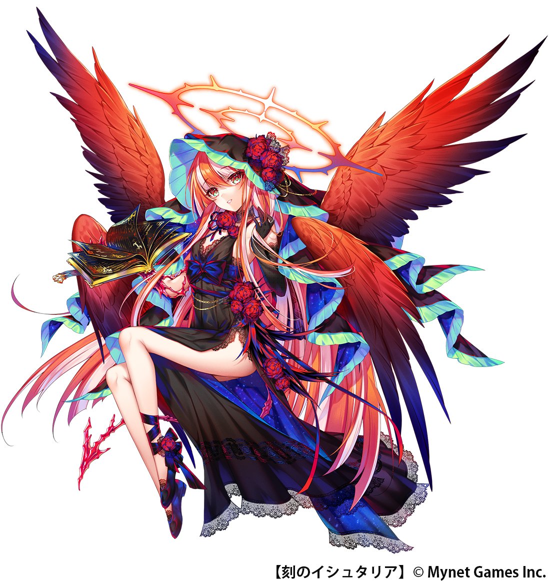 1girl age_of_ishtaria black_bow black_dress black_footwear black_gloves black_headwear black_ribbon book bow character_request dress elbow_gloves feathered_wings flower gloves green_eyes halo harpy hat hat_flower long_hair monster_girl multicolored_hair munlu_(wolupus) neck_flower open_book orange_hair orange_wings parted_lips red_flower red_rose ribbon rose solo streaked_hair very_long_hair white_hair wings