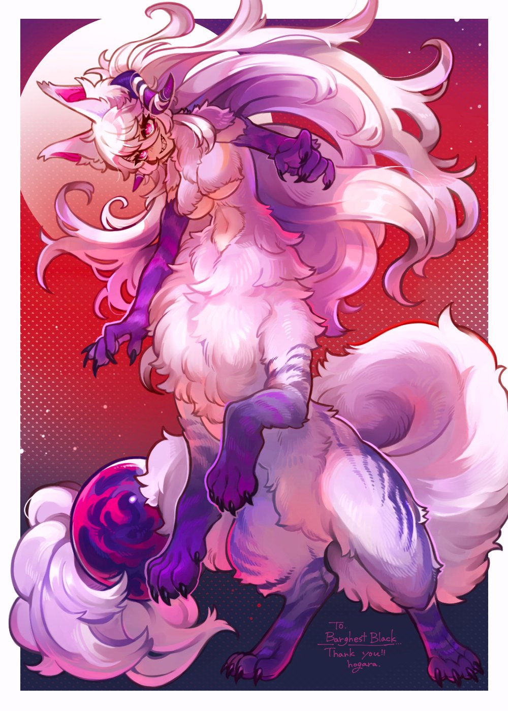 artist_name border breasts canid canine clawed_fingers cleavage clothed clothing commissioner_name english_text featureless_breasts featureless_crotch female fluffy fluffy_tail fox fur hair hi_res hogara horn inner_ear_fluff light_body light_skin long_hair mammal moon navel on_hind_legs pawpads paws purple_body purple_fur red_eyes screentone sharp_teeth signature smile solo tail tail_bead taur teeth text tuft under_boob white_body white_border white_fur white_hair