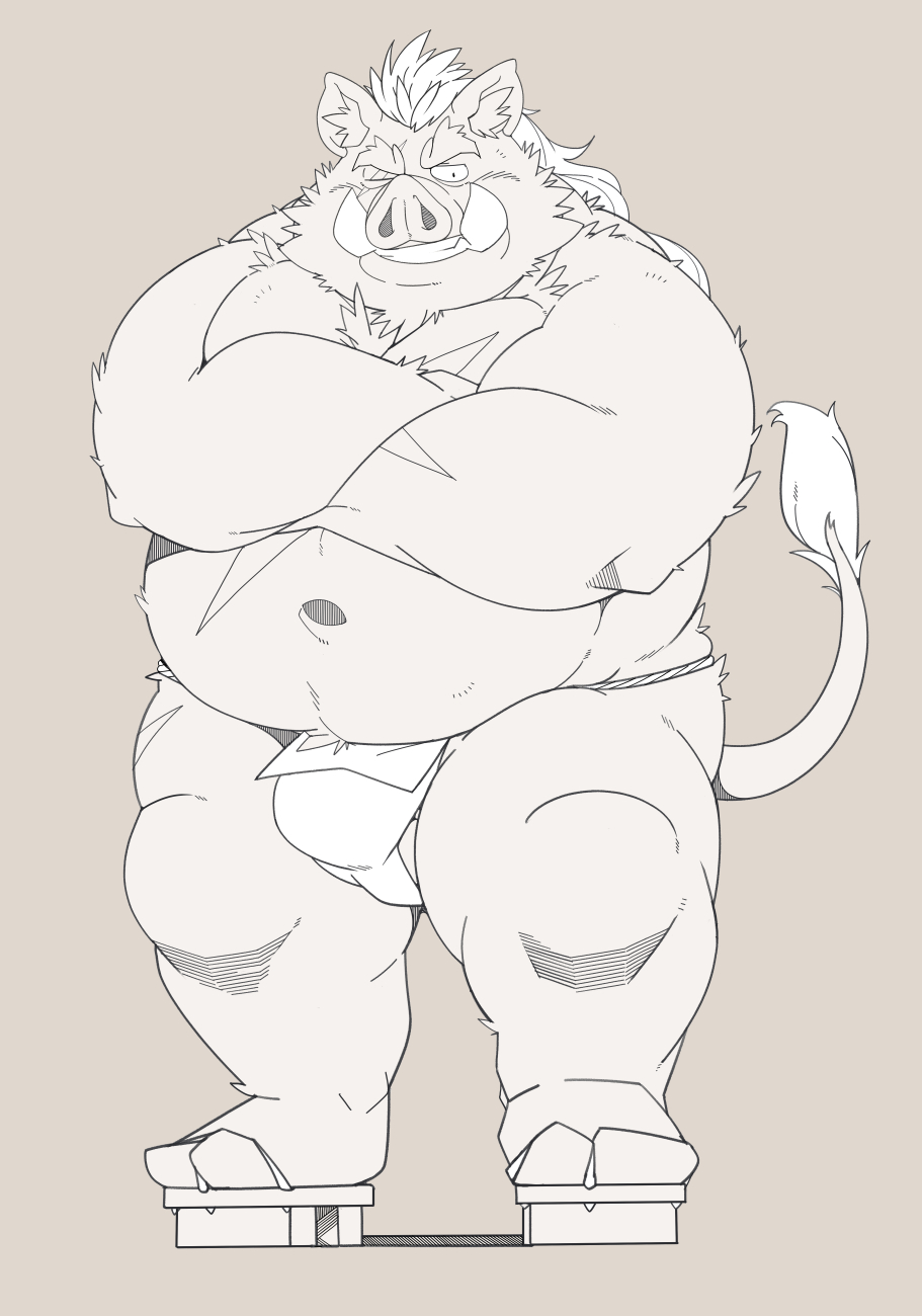 2024 anthro asian_clothing belly big_belly bulge clothing east_asian_clothing footwear fundoshi hi_res japanese_clothing kemono male mammal musclegut muscular navel one_eye_closed overweight overweight_male sandals scar simple_eyes solo suid suina sus_(pig) taro_heppoko underwear wild_boar