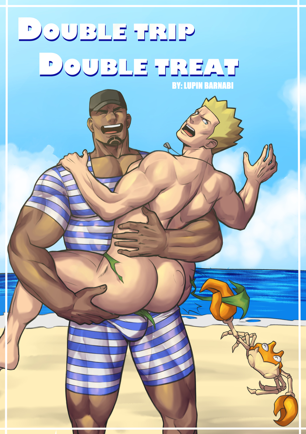 2boys :d ass bara beach bodysuit bulge bulge_to_ass carrying carrying_person character_request cover cover_page dark-skinned_male dark_skin diving_suit doujin_cover facial_hair feet_out_of_frame goatee highres interracial large_pectorals lupin_barnabi male_focus mature_male multiple_boys muscular muscular_male paid_reward_available pectorals pokemon pokemon_(creature) sand short_hair smile standing tearing_clothes thick_eyebrows torn_clothes wetsuit yaoi