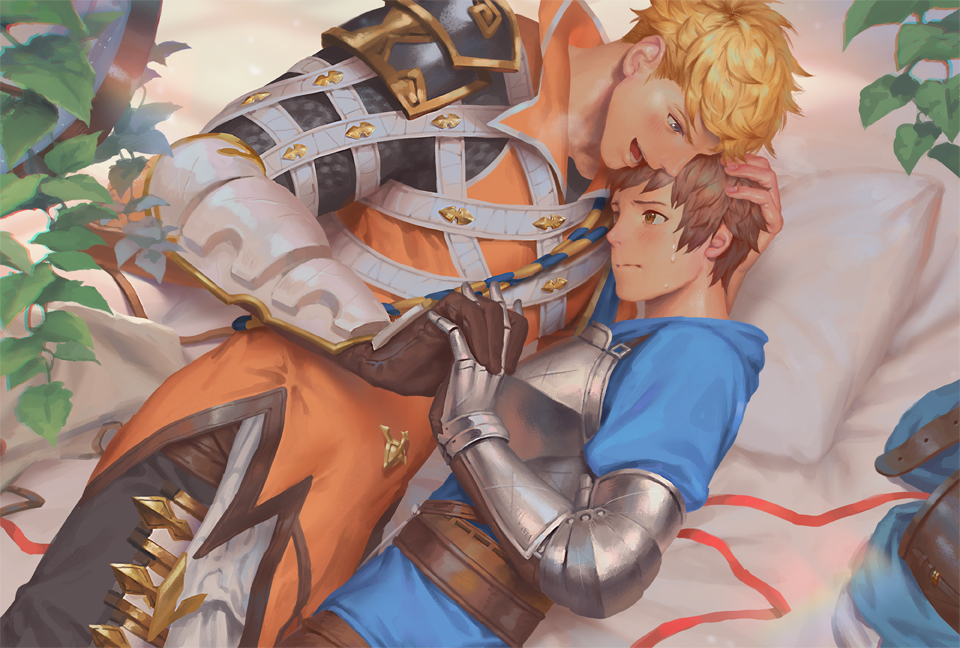 2boys armor bara bed blonde_hair blue_eyes blush brown_eyes brown_hair couple fighter_(granblue_fantasy) gauntlets gloves gran_(granblue_fantasy) granblue_fantasy hand_grab hand_on_another's_head headpat holding_hands interlocked_fingers looking_at_another lying male_focus multiple_boys muscular muscular_male on_bed open_mouth penguin_frontier pillow short_hair shy smile vane_(granblue_fantasy) yaoi