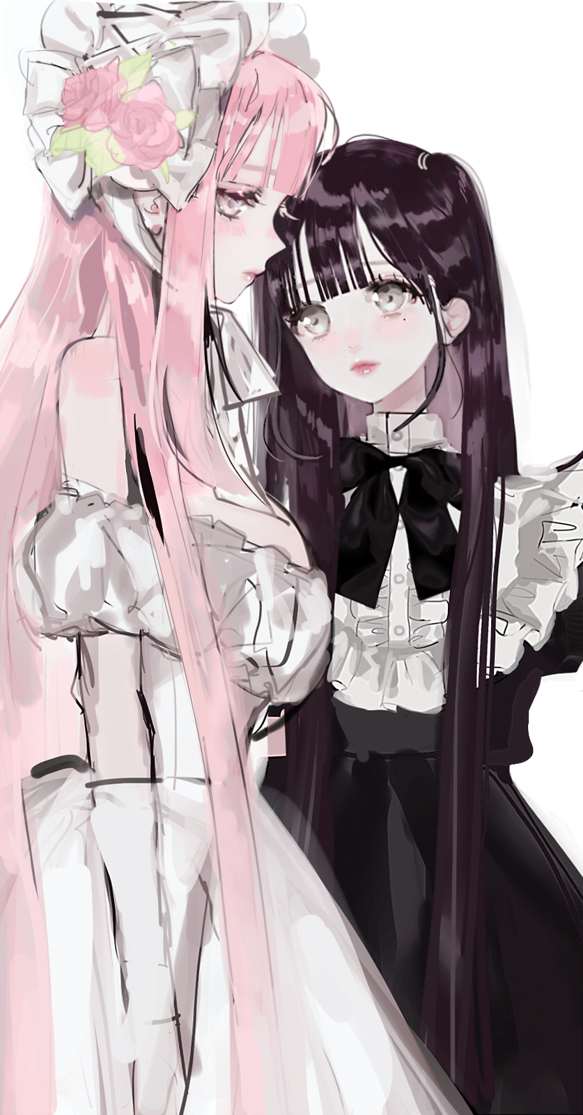 2girls bare_shoulders black_bow black_bowtie black_dress black_hair blunt_bangs blush bonnet bow bowtie breasts cleavage closed_mouth dress flower frills gloves grey_eyes highres large_breasts lipstick lolita_fashion long_hair looking_at_viewer makeup mole mole_under_eye multiple_girls original pink_eyes pink_flower pink_hair pink_lips pink_rose puffy_sleeves red_lips rose shikishima_(eiri) simple_background very_long_hair white_background white_dress white_gloves white_headwear