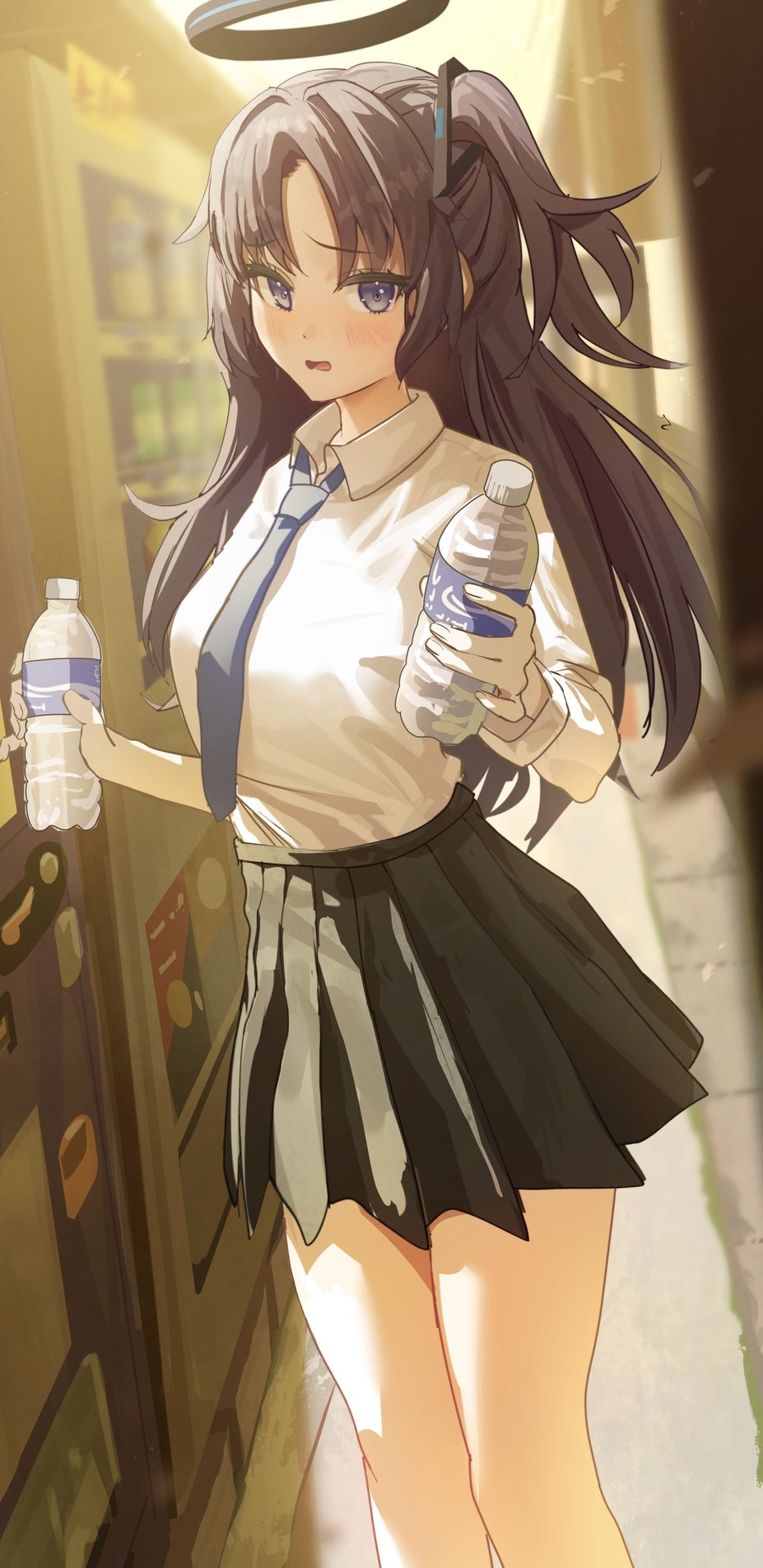 1girl :o bare_legs black_skirt blue_archive blue_necktie blurry blurry_background blush bottle breasts feet_out_of_frame halo highres holding holding_bottle ku!?_(ku_k_u) looking_at_viewer medium_breasts necktie pleated_skirt purple_eyes purple_hair shirt shirt_tucked_in skirt solo water_bottle white_shirt yuuka_(blue_archive)