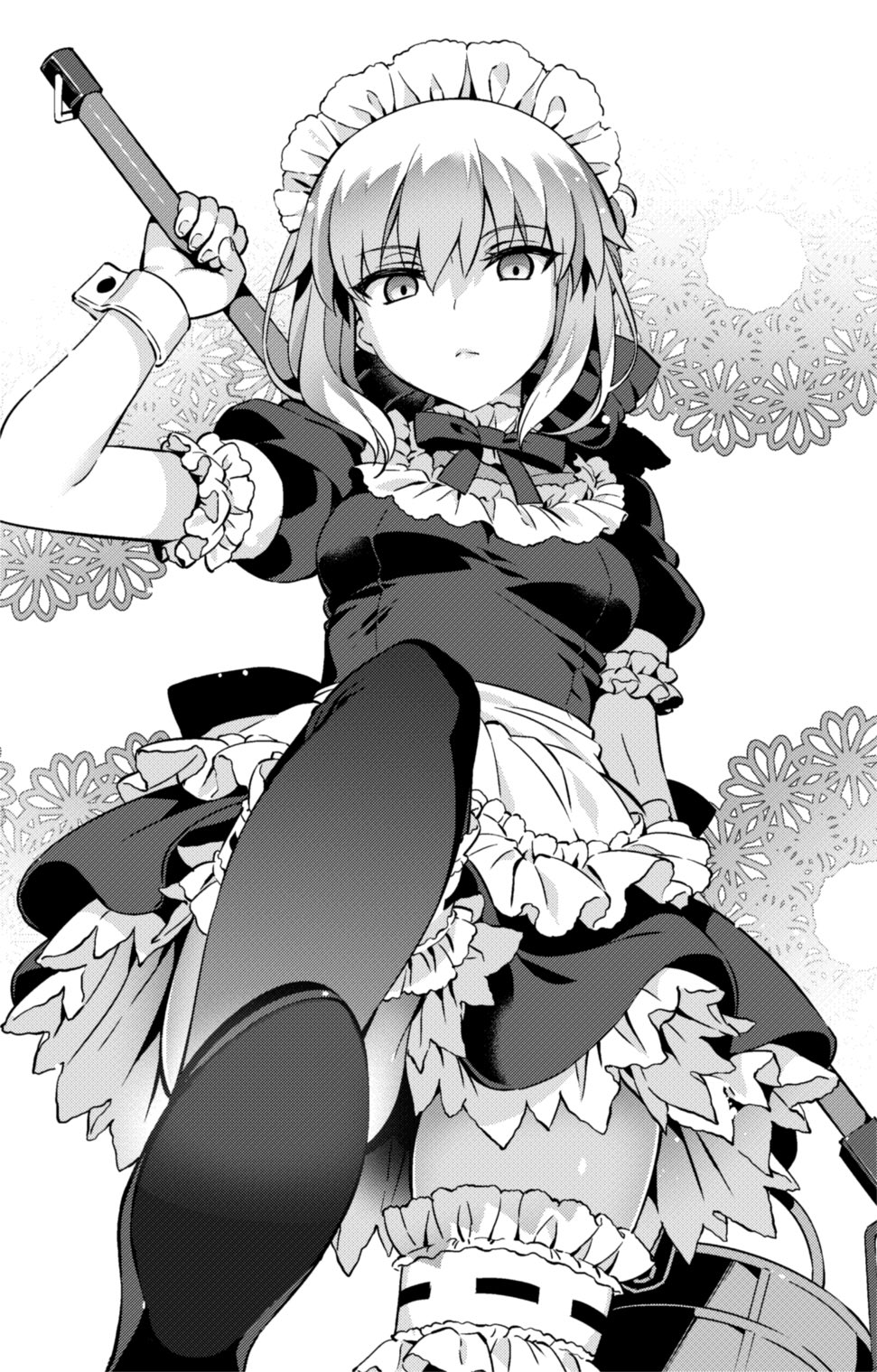 1girl apron artoria_pendragon_(fate) breasts bucket carnival_phantasm closed_mouth dress expressionless fate/stay_night fate_(series) frills greyscale hanabana_tsubomi highres holding holding_bucket holding_mop looking_at_viewer maid maid_headdress monochrome mop puffy_short_sleeves puffy_sleeves saber_alter short_sleeves sidelocks small_breasts solo stepped_on thighhighs wrist_cuffs