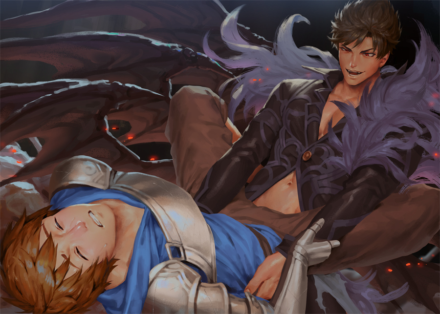 2boys armor bara belial_(granblue_fantasy) black_hair black_jacket brown_hair brown_pants chest_armor clenched_teeth closed_eyes demon_wings evil_smile feather_boa gauntlets gran_(granblue_fantasy) granblue_fantasy imminent_anal imminent_penetration jacket large_pectorals looking_at_another male_focus multiple_boys muscular muscular_male navel paid_reward_available pants pectorals penguin_frontier short_hair smile teeth wings yaoi