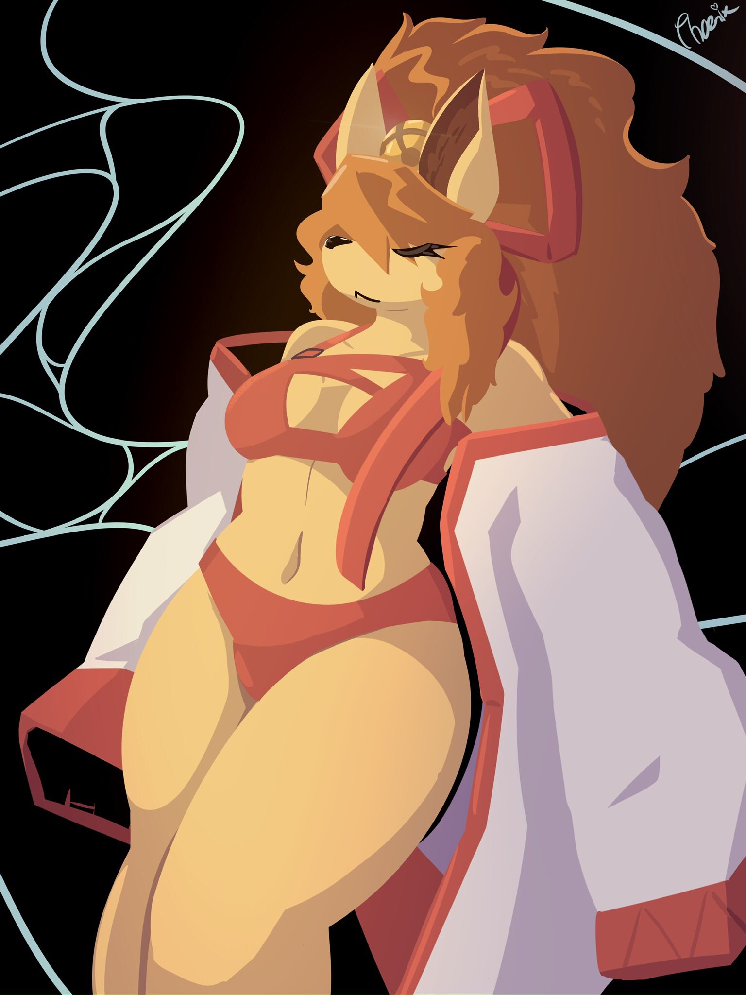 anthro asian_clothing athletic athletic_anthro athletic_female bell_bow bikini canid canine ceroba_(undertale_yellow) clothed clothing curvy_figure east_asian_clothing eyes_closed female fox hair hi_res hourglass_figure japanese_clothing kimono mammal navel open_clothing open_kimono orange_hair phoenixredpanda_(artist) ponytail prick_ears snout solo swimwear thick_thighs undertale_(series) undertale_yellow ventral_groove