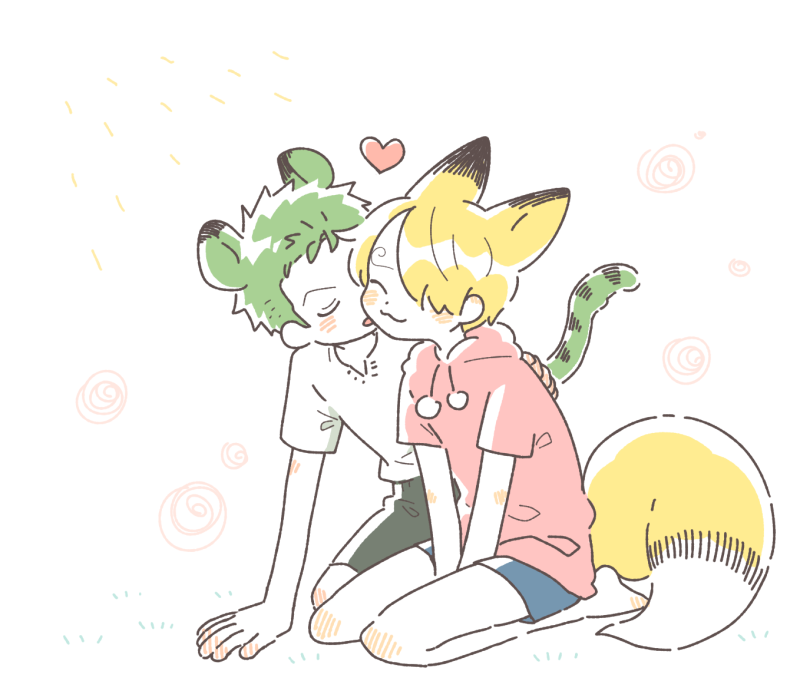 2boys :3 aged_down animal_ears between_legs black_shorts blonde_hair blue_shorts blush closed_eyes commentary curly_eyebrows fox_boy fox_ears fox_tail full_body green_hair hair_over_one_eye hand_between_legs hand_on_another's_back hand_on_ground heart hood hoodie kiss kissing_cheek long_bangs male_focus mob0322 multiple_boys one_piece open_mouth pink_hoodie roronoa_zoro sanji_(one_piece) shirt short_hair short_sleeves shorts simple_background sitting smile squiggle striped_tail tail tiger_boy tiger_ears tiger_tail v-shaped_eyebrows wariza white_background white_shirt yaoi