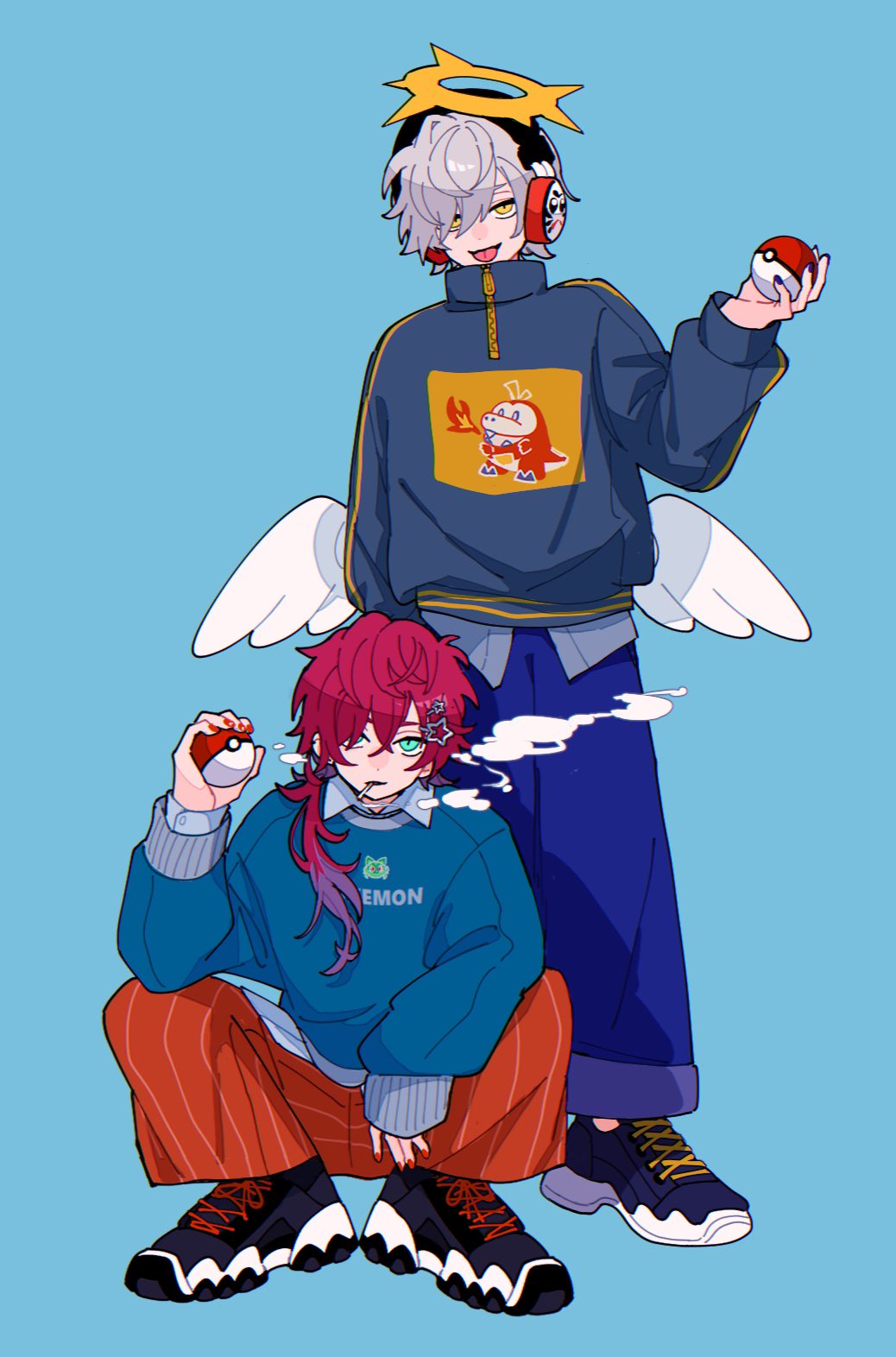 2boys angel_wings aqua_eyes black_footwear blue_background blue_footwear blue_jacket blue_pants blue_shirt blue_sweater crazy_raccoon cuffed daruma_is_god fuecoco full_body hair_over_one_eye halo hand_up headphones highres holding holding_poke_ball jacket lauren_iroas long_hair looking_at_viewer low_wings male_focus multiple_boys nasi_w2 orange_pants pants poke_ball pokemon print_jacket print_sweater quarter-zip red_hair shirt shirt_under_sweater shoes short_hair simple_background sneakers squatting standing striped_clothes striped_pants sweater track_jacket vertical-striped_clothes vertical-striped_pants white_hair wings yellow_eyes yellow_halo