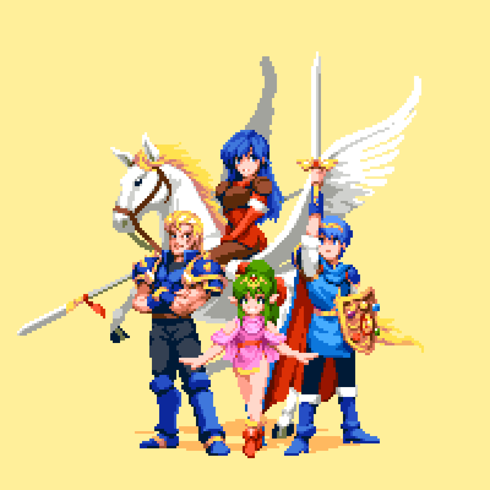 2boys 2girls black_pants blonde_hair blue_footwear blue_hair boots caeda_(fire_emblem) fire_emblem fire_emblem:_mystery_of_the_emblem forehead full_body head_tilt highres holding holding_sword holding_weapon horse long_hair looking_at_viewer marth_(fire_emblem) multiple_boys multiple_girls ogma_(fire_emblem) pants pegasus pixel_art pixelflag red_footwear shield short_hair smile sword tiki_(fire_emblem) tiki_(young)_(fire_emblem) weapon