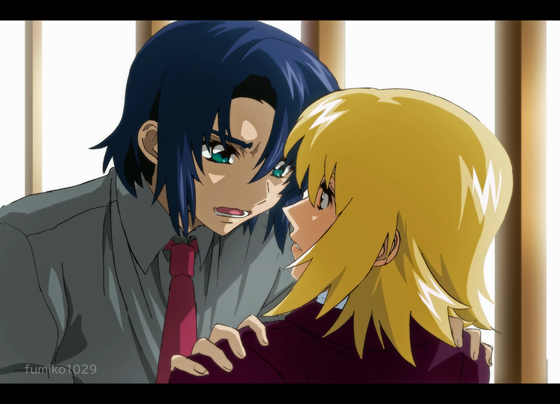 1boy 1girl artist_name athrun_zala blonde_hair blue_hair brown_jacket cagalli_yula_athha couple eye_contact fumiko_(mesushi) green_eyes grey_shirt gundam gundam_seed gundam_seed_freedom hands_on_another's_shoulders indoors jacket looking_at_another open_mouth red_tie shirt short_hair yellow_eyes