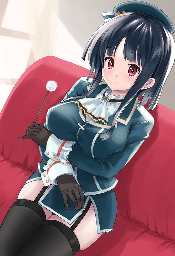 1girl ascot beret black_gloves black_hair black_thighhighs blue_headwear blush breasts cotton_swab couch curtains day garter_straps gloves hat indoors kantai_collection kitagawa_mikio lap_pillow_invitation large_breasts long_hair looking_at_viewer military military_uniform mimikaki on_couch red_eyes short_hair sitting skirt smile solo takao_(kancolle) thighhighs uniform window