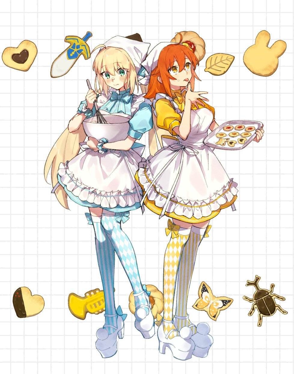 2girls ahoge apron artoria_caster_(fate) artoria_pendragon_(fate) asymmetrical_legwear blonde_hair checkered_background cookie cooking fate/grand_order fate_(series) food fujimaru_ritsuka_(female) green_eyes highres kabutomushi_s licking licking_finger matching_outfits mismatched_legwear multiple_girls orange_eyes orange_hair thighhighs twintails whisk white_apron